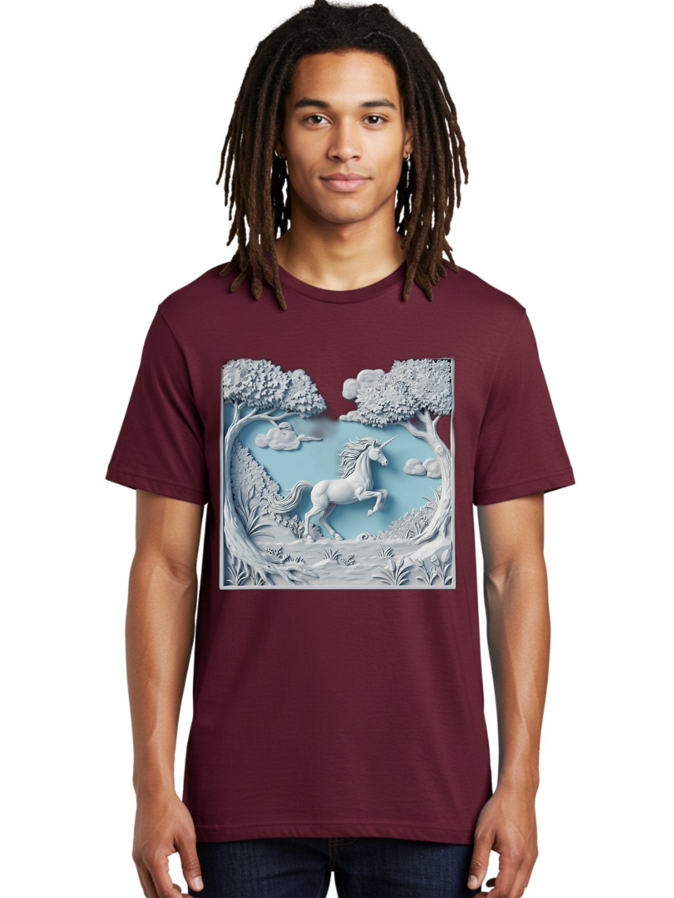 Unicorn Men'S Graphic Tee, 100% Cotton, Comfortable Casual Summer Wear, Machine Washable, Unicorn Running, Mythical Creatures, 3D Art, Fantasy Animals, Magical Realism, White Unicorn, Serene Landscape, Trees, Clouds, Whimsical Scene, Bac543 30