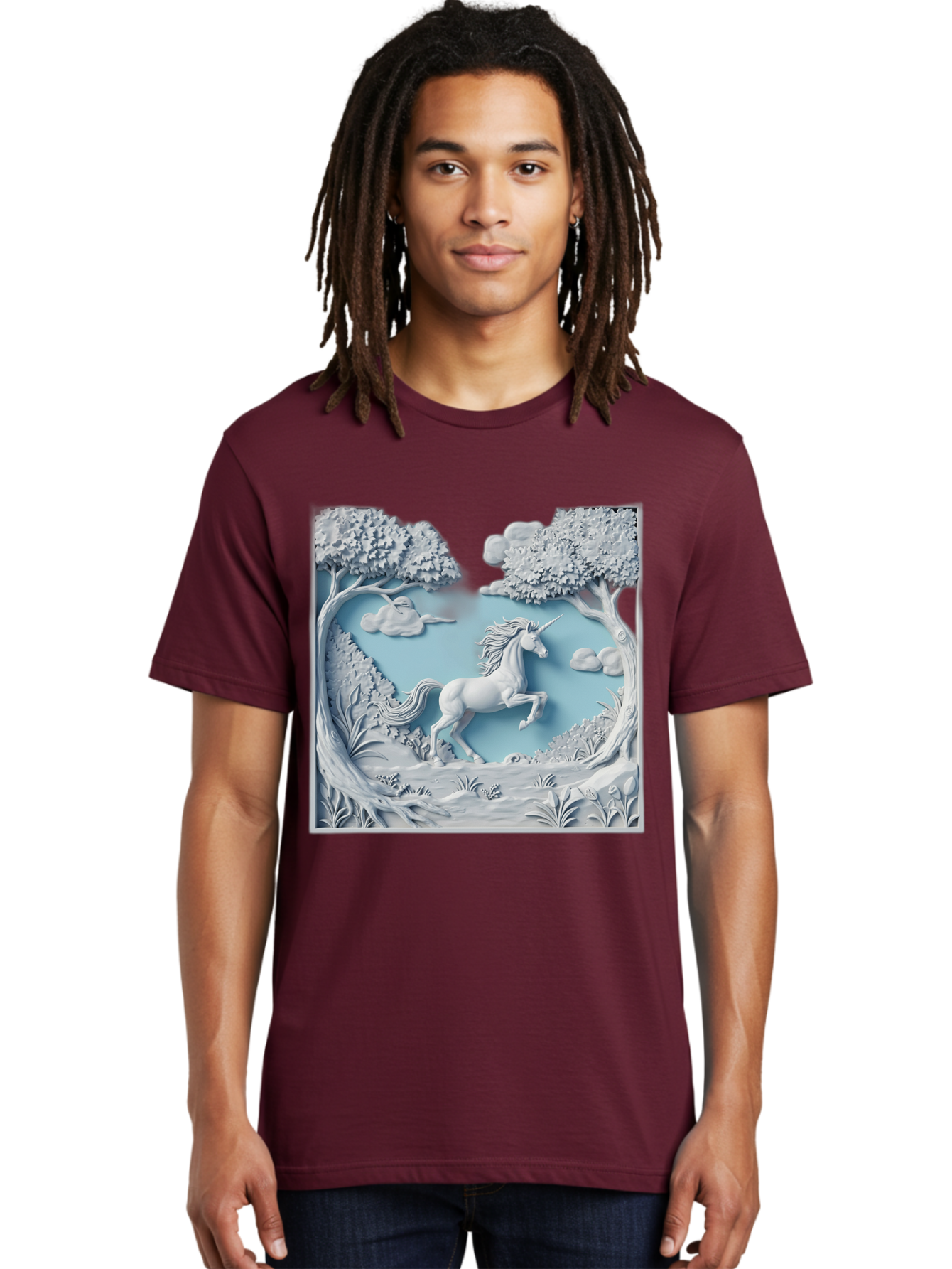 Unicorn Men'S Graphic Tee, 100% Cotton, Comfortable Casual Summer Wear, Machine Washable, Unicorn Running, Mythical Creatures, 3D Art, Fantasy Animals, Magical Realism, White Unicorn, Serene Landscape, Trees, Clouds, Whimsical Scene, Bac543 16