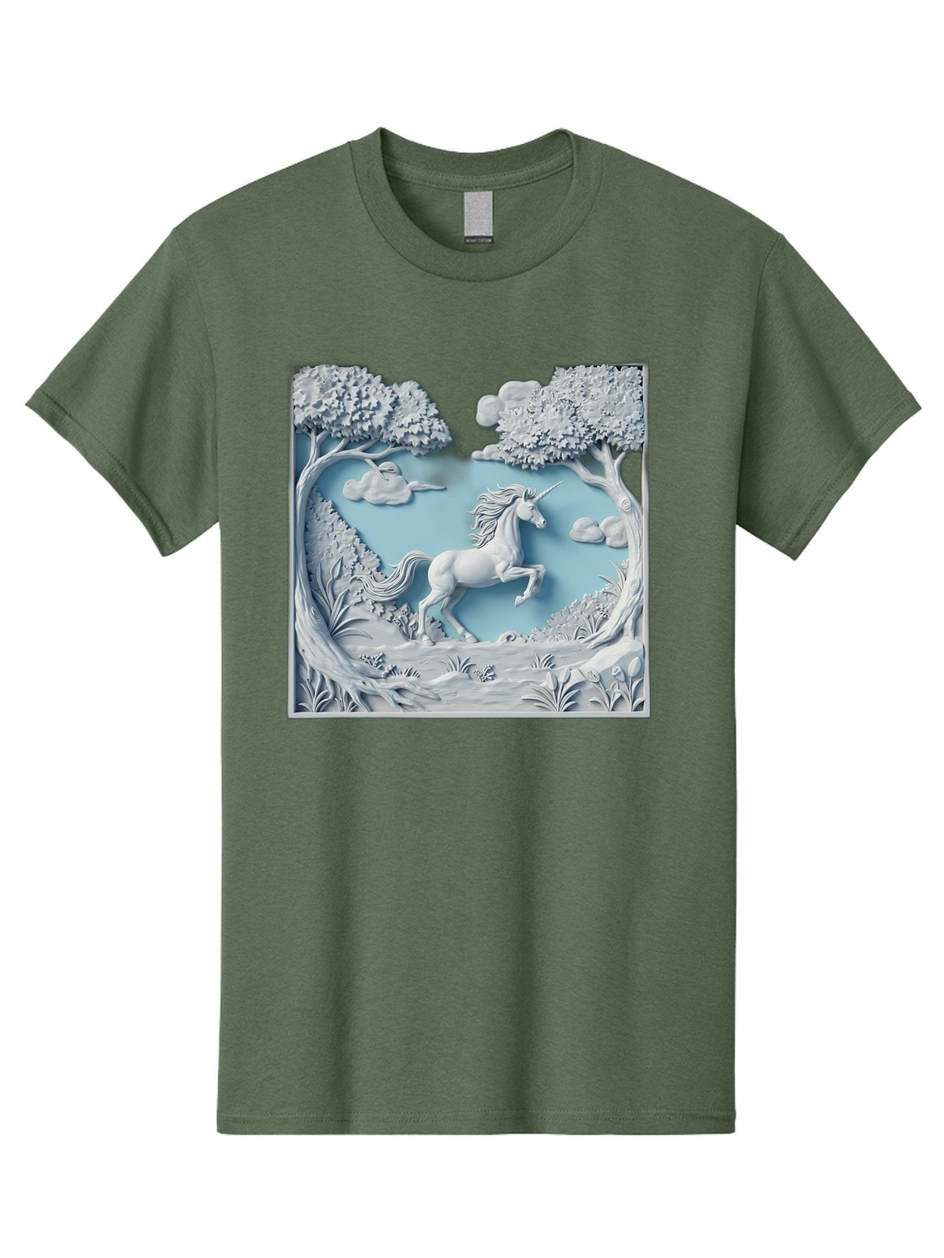 Unicorn Men'S Graphic Tee, 100% Cotton, Comfortable Casual Summer Wear, Machine Washable, Unicorn Running, Mythical Creatures, 3D Art, Fantasy Animals, Magical Realism, White Unicorn, Serene Landscape, Trees, Clouds, Whimsical Scene, Bac543