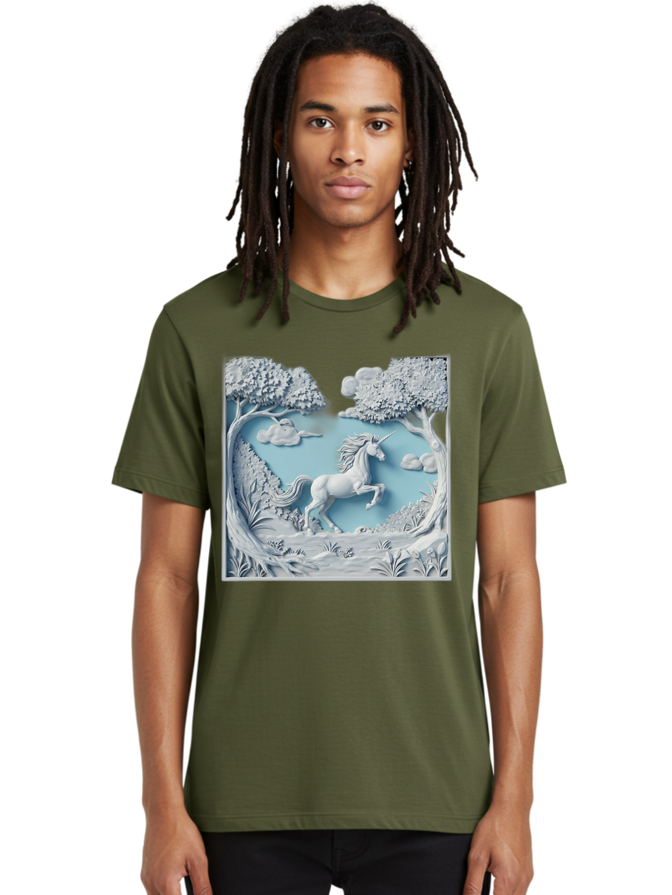 Unicorn Men'S Graphic Tee, 100% Cotton, Comfortable Casual Summer Wear, Machine Washable, Unicorn Running, Mythical Creatures, 3D Art, Fantasy Animals, Magical Realism, White Unicorn, Serene Landscape, Trees, Clouds, Whimsical Scene, Bac543 25