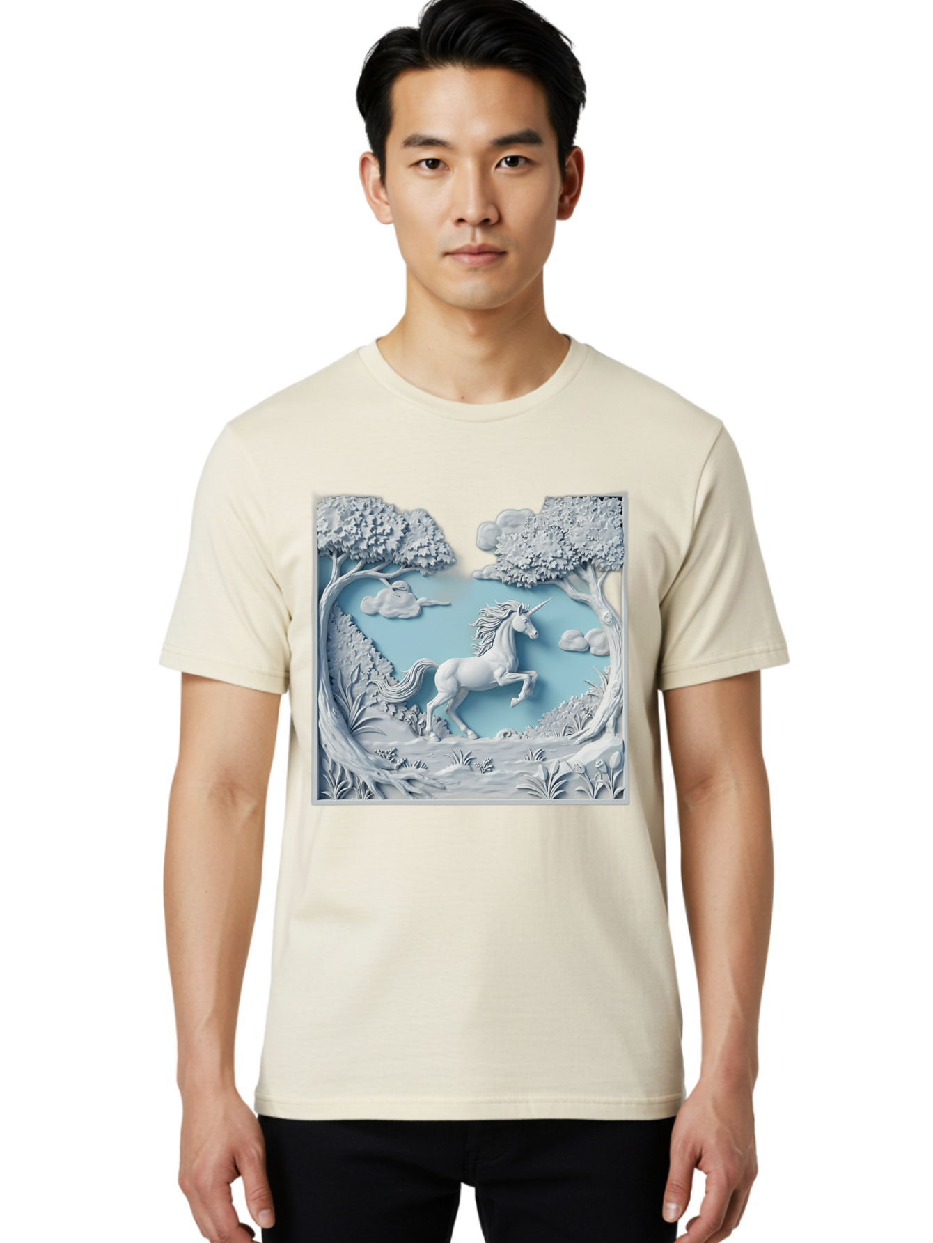 Unicorn Men'S Graphic Tee, 100% Cotton, Comfortable Casual Summer Wear, Machine Washable, Unicorn Running, Mythical Creatures, 3D Art, Fantasy Animals, Magical Realism, White Unicorn, Serene Landscape, Trees, Clouds, Whimsical Scene, Bac543 23