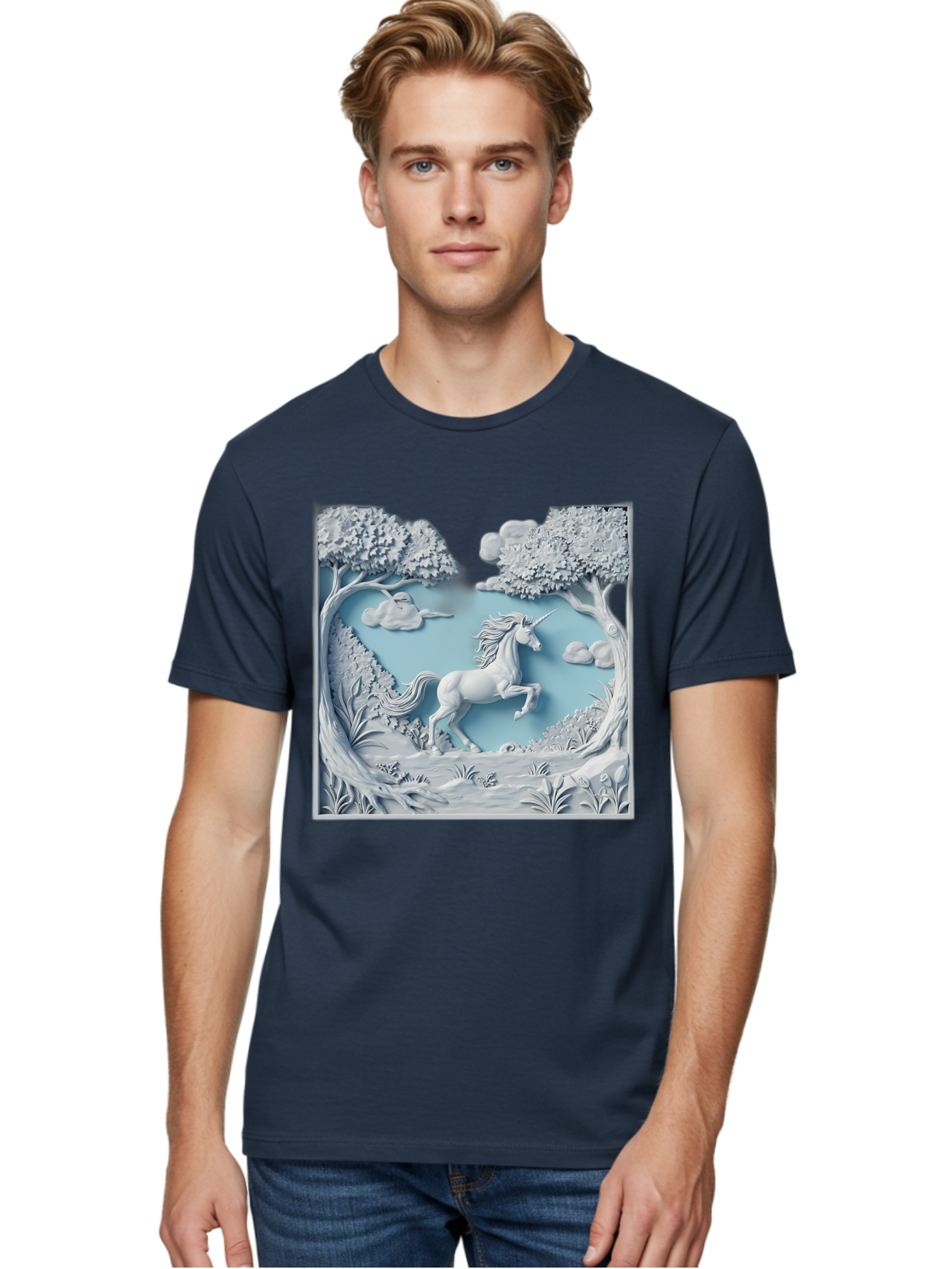 Unicorn Men'S Graphic Tee, 100% Cotton, Comfortable Casual Summer Wear, Machine Washable, Unicorn Running, Mythical Creatures, 3D Art, Fantasy Animals, Magical Realism, White Unicorn, Serene Landscape, Trees, Clouds, Whimsical Scene, Bac543 26