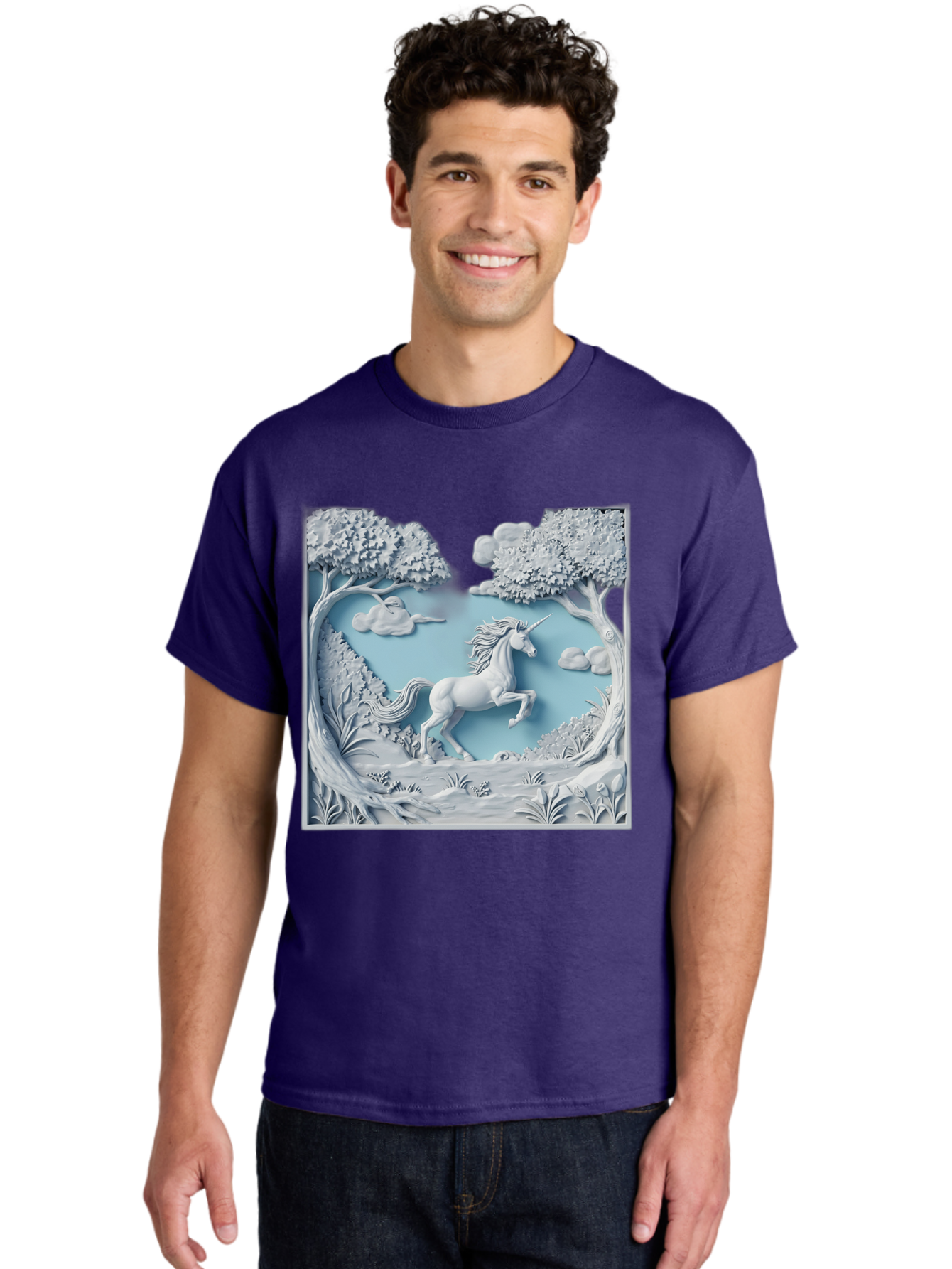Unicorn Men'S Graphic Tee, 100% Cotton, Comfortable Casual Summer Wear, Machine Washable, Unicorn Running, Mythical Creatures, 3D Art, Fantasy Animals, Magical Realism, White Unicorn, Serene Landscape, Trees, Clouds, Whimsical Scene, Bac543 21