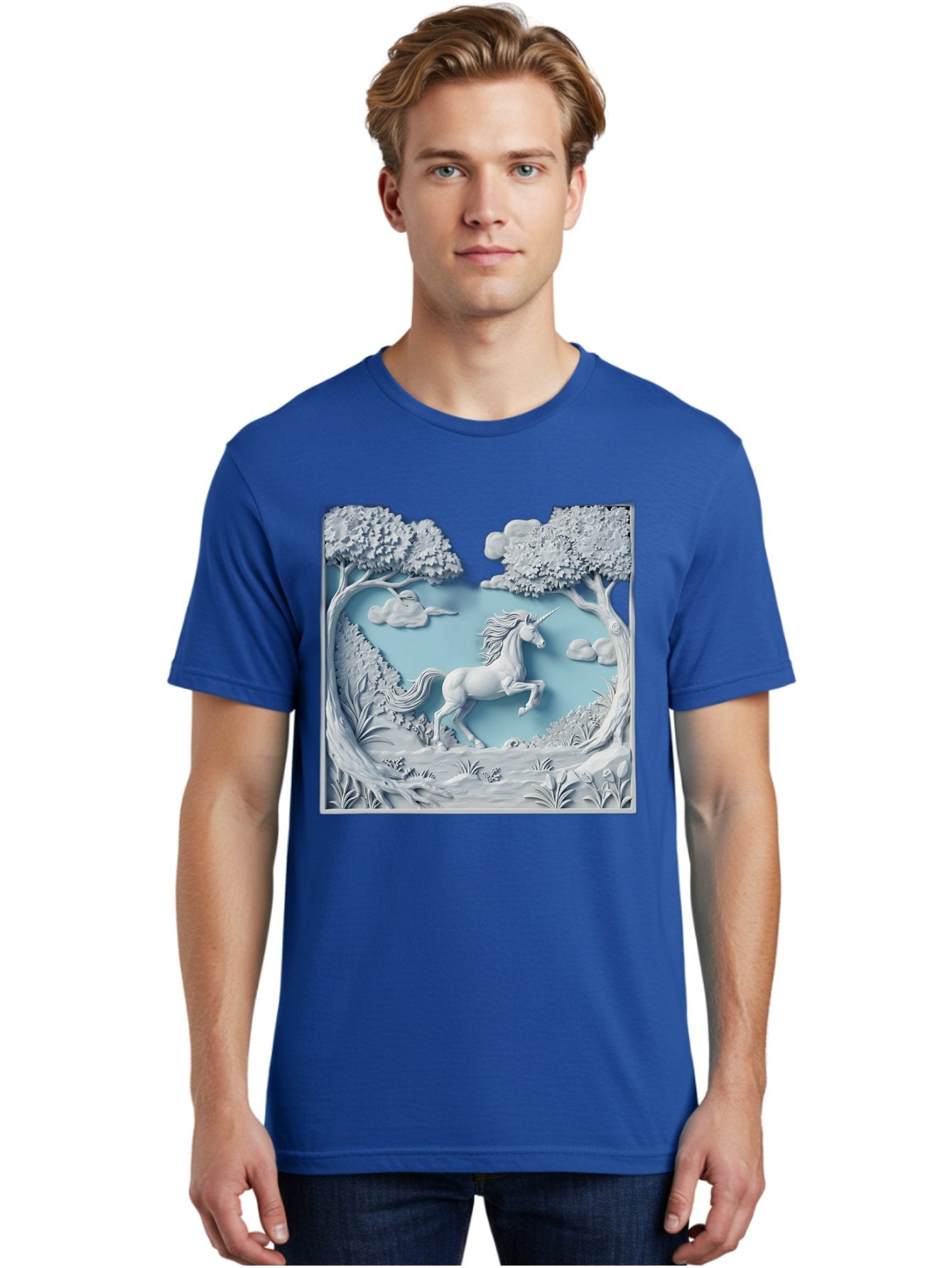 Unicorn Men'S Graphic Tee, 100% Cotton, Comfortable Casual Summer Wear, Machine Washable, Unicorn Running, Mythical Creatures, 3D Art, Fantasy Animals, Magical Realism, White Unicorn, Serene Landscape, Trees, Clouds, Whimsical Scene, Bac543 17