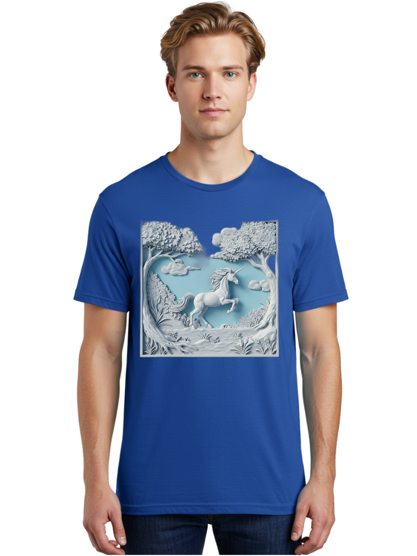 Unicorn Men'S Graphic Tee, 100% Cotton, Comfortable Casual Summer Wear, Machine Washable, Unicorn Running, Mythical Creatures, 3D Art, Fantasy Animals, Magical Realism, White Unicorn, Serene Landscape, Trees, Clouds, Whimsical Scene, Bac543 29
