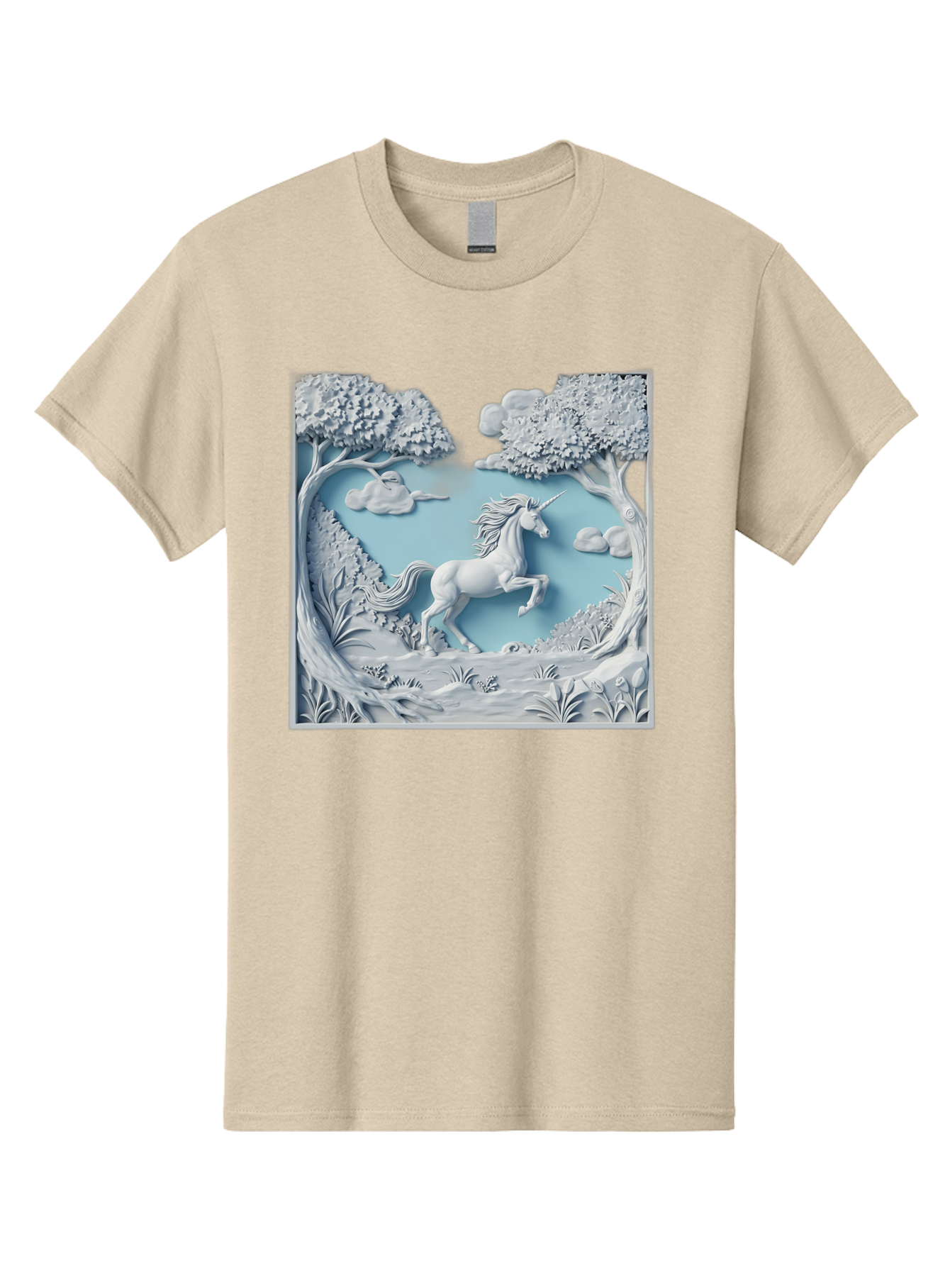 Unicorn Men'S Graphic Tee, 100% Cotton, Comfortable Casual Summer Wear, Machine Washable, Unicorn Running, Mythical Creatures, 3D Art, Fantasy Animals, Magical Realism, White Unicorn, Serene Landscape, Trees, Clouds, Whimsical Scene, Bac543 5
