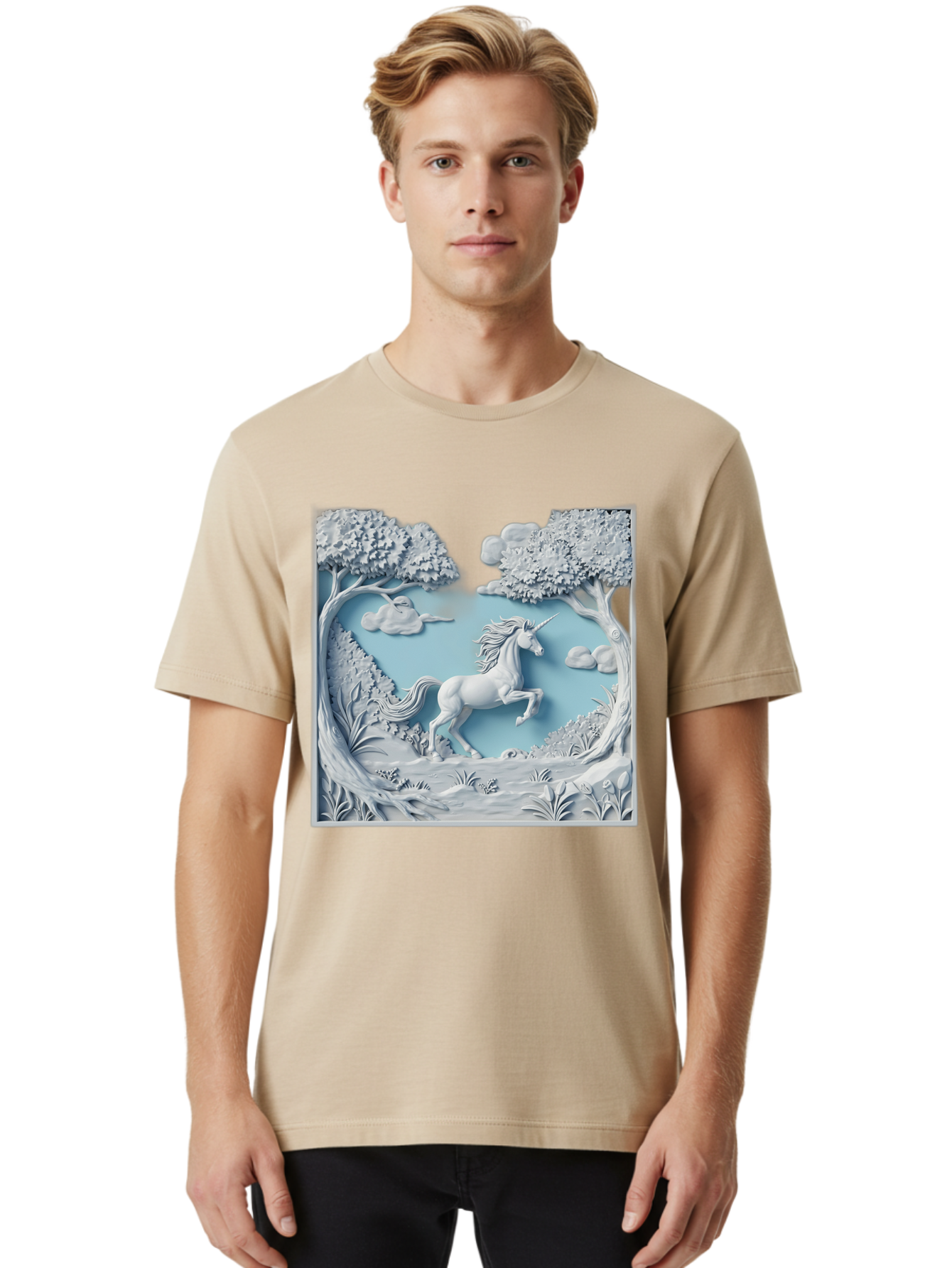 Unicorn Men'S Graphic Tee, 100% Cotton, Comfortable Casual Summer Wear, Machine Washable, Unicorn Running, Mythical Creatures, 3D Art, Fantasy Animals, Magical Realism, White Unicorn, Serene Landscape, Trees, Clouds, Whimsical Scene, Bac543 20