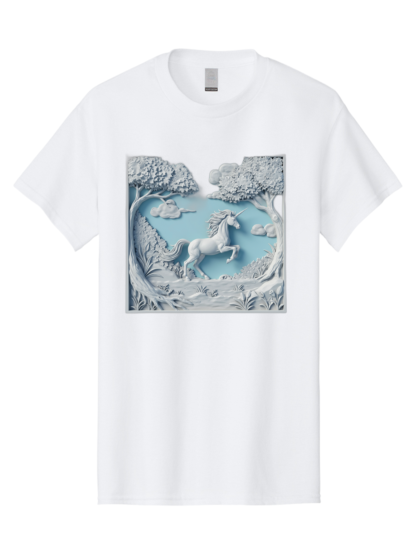 Unicorn Men'S Graphic Tee, 100% Cotton, Comfortable Casual Summer Wear, Machine Washable, Unicorn Running, Mythical Creatures, 3D Art, Fantasy Animals, Magical Realism, White Unicorn, Serene Landscape, Trees, Clouds, Whimsical Scene, Bac543 15