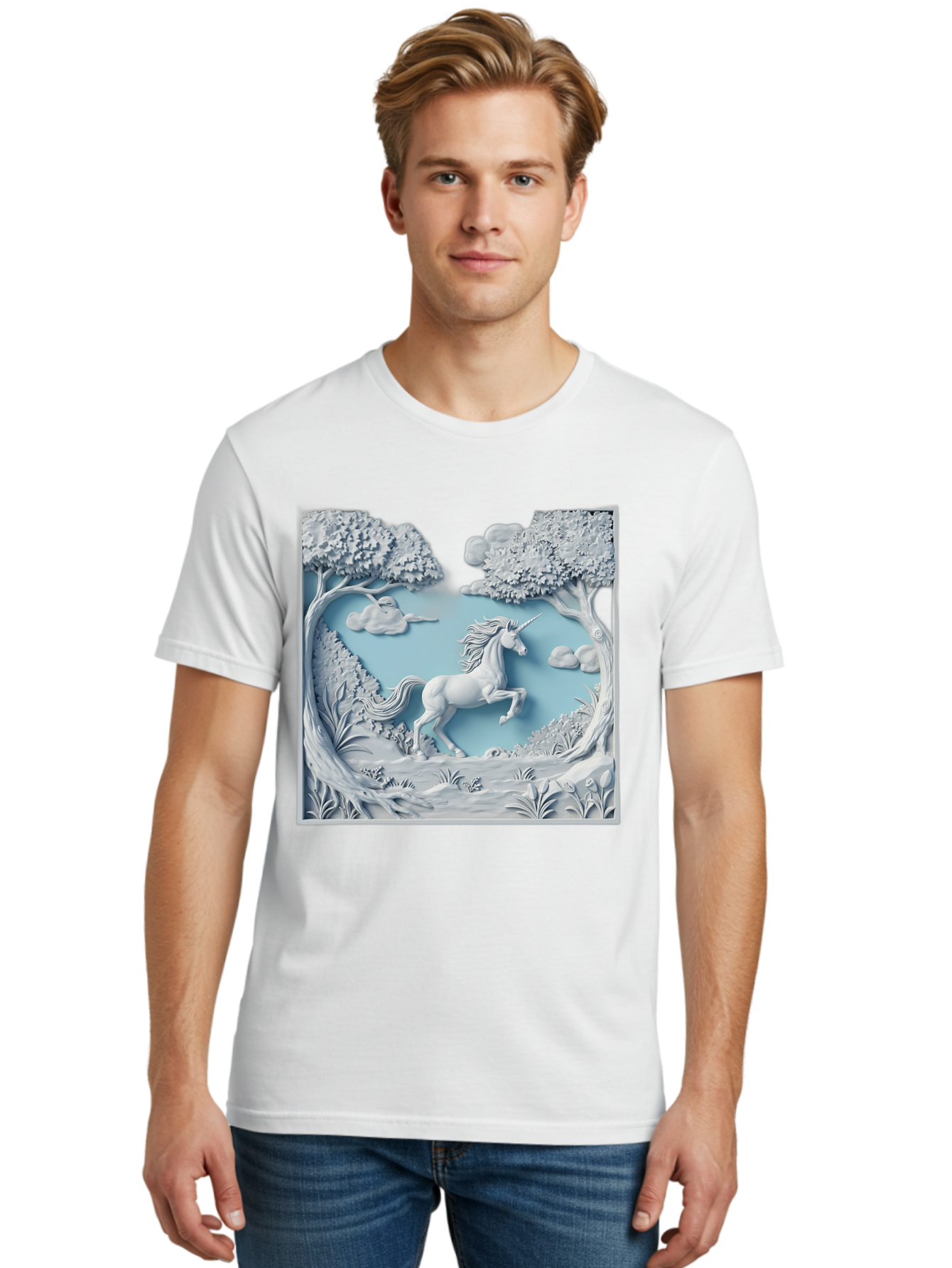 Unicorn Men'S Graphic Tee, 100% Cotton, Comfortable Casual Summer Wear, Machine Washable, Unicorn Running, Mythical Creatures, 3D Art, Fantasy Animals, Magical Realism, White Unicorn, Serene Landscape, Trees, Clouds, Whimsical Scene, Bac543 30