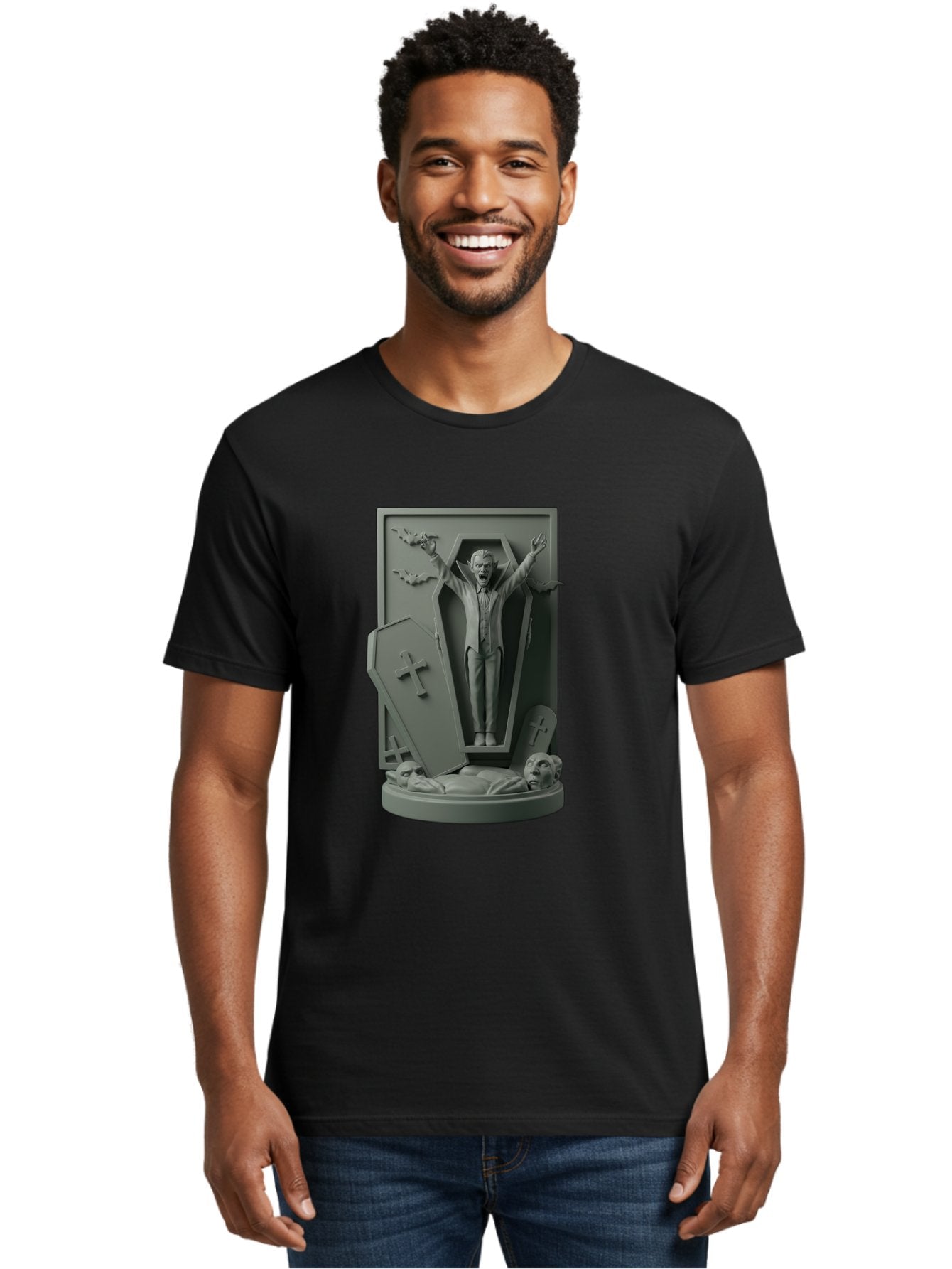 Vampire-Rising Men'S Graphic Tee, 100% Cotton, Comfortable Casual Summer Wear, Machine Washable, Vampire Rising From Coffin, Undead Creature, Horror Theme, Spooky Atmosphere, Bats Flying, Cross Symbol, Undead Rising, Gothic Style, Bac544 18