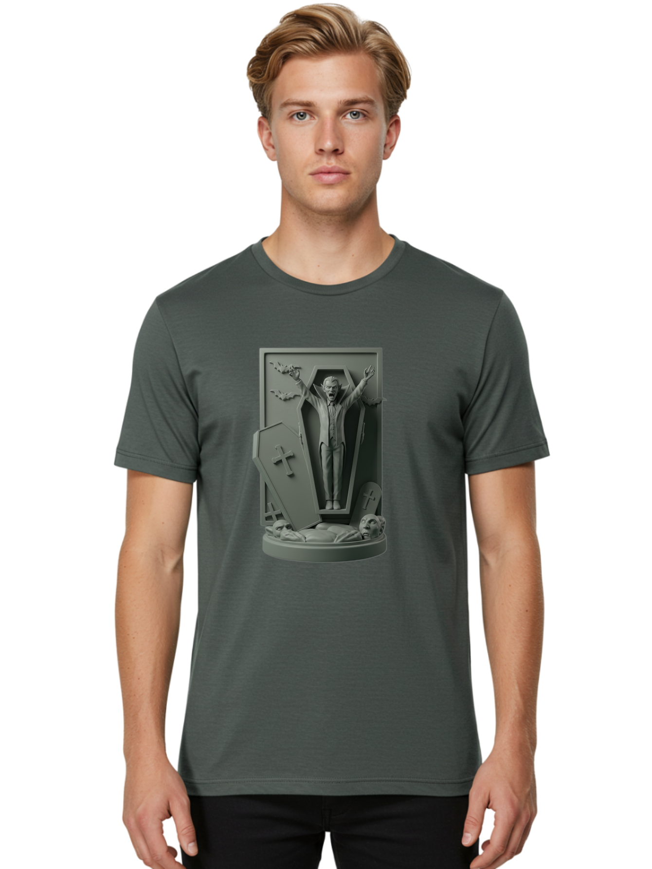 Vampire-Rising Men'S Graphic Tee, 100% Cotton, Comfortable Casual Summer Wear, Machine Washable, Vampire Rising From Coffin, Undead Creature, Horror Theme, Spooky Atmosphere, Bats Flying, Cross Symbol, Undead Rising, Gothic Style, Bac544 28