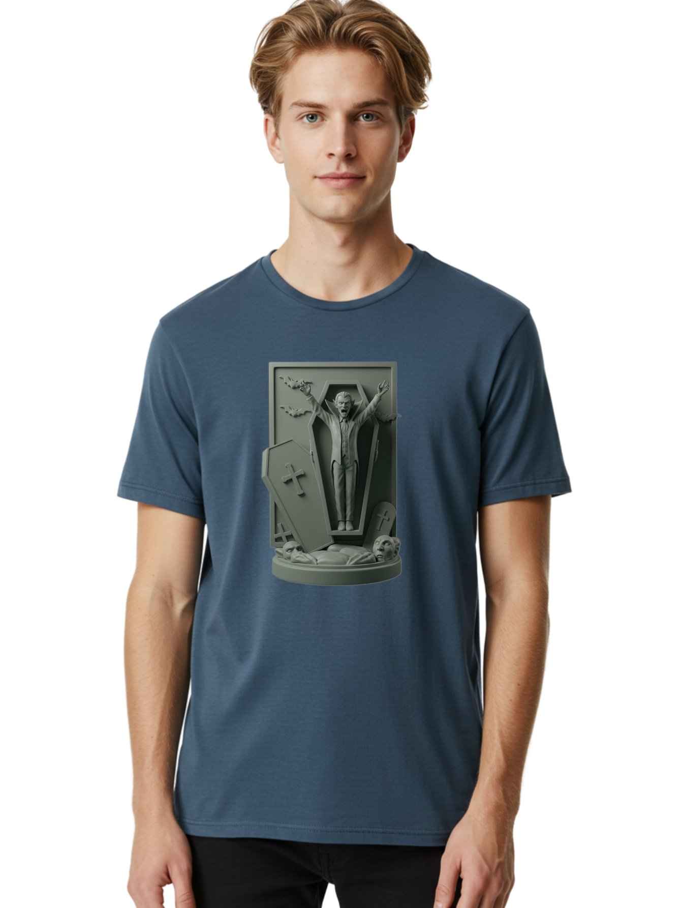 Vampire-Rising Men'S Graphic Tee, 100% Cotton, Comfortable Casual Summer Wear, Machine Washable, Vampire Rising From Coffin, Undead Creature, Horror Theme, Spooky Atmosphere, Bats Flying, Cross Symbol, Undead Rising, Gothic Style, Bac544 17