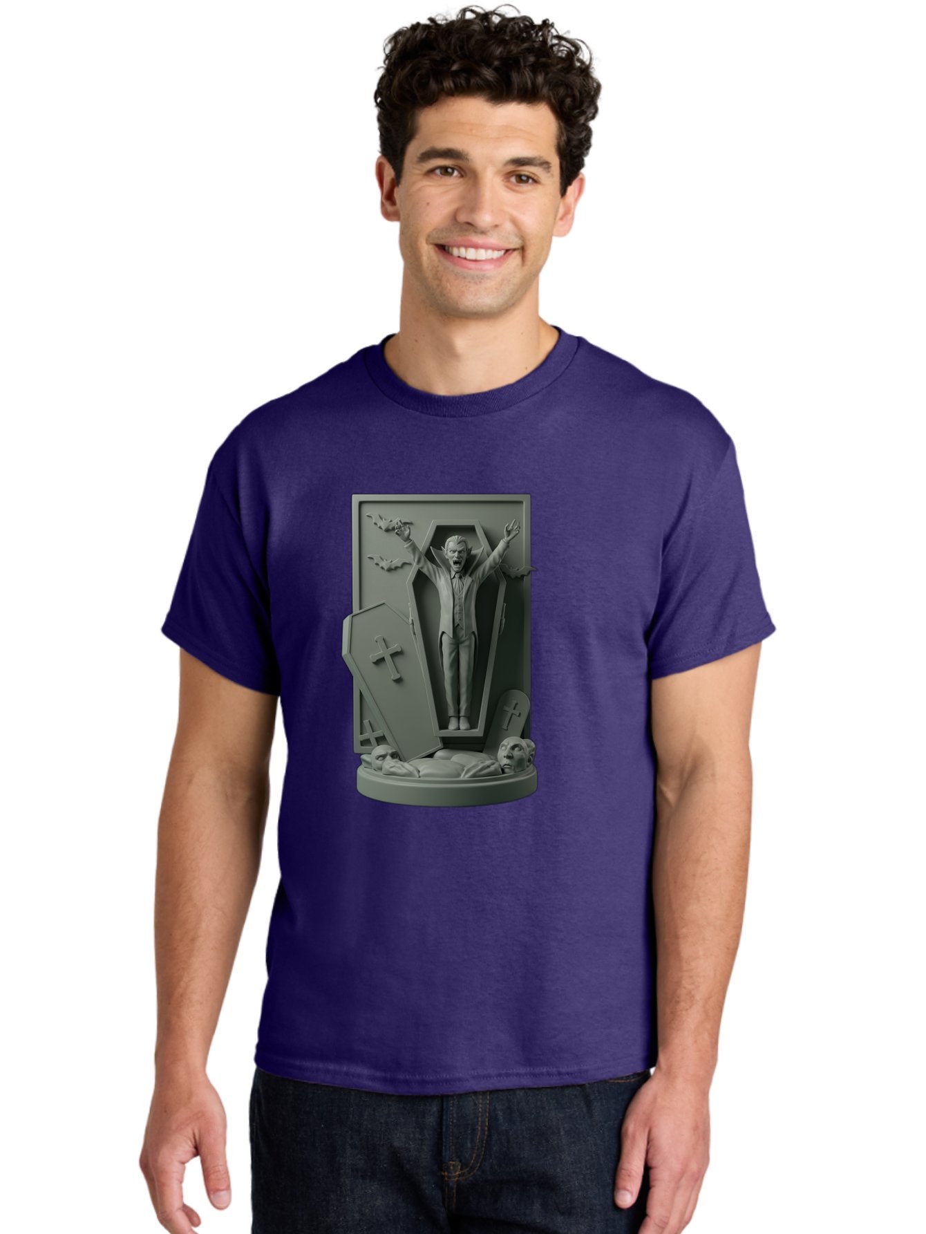 Vampire-Rising Men'S Graphic Tee, 100% Cotton, Comfortable Casual Summer Wear, Machine Washable, Vampire Rising From Coffin, Undead Creature, Horror Theme, Spooky Atmosphere, Bats Flying, Cross Symbol, Undead Rising, Gothic Style, Bac544 30