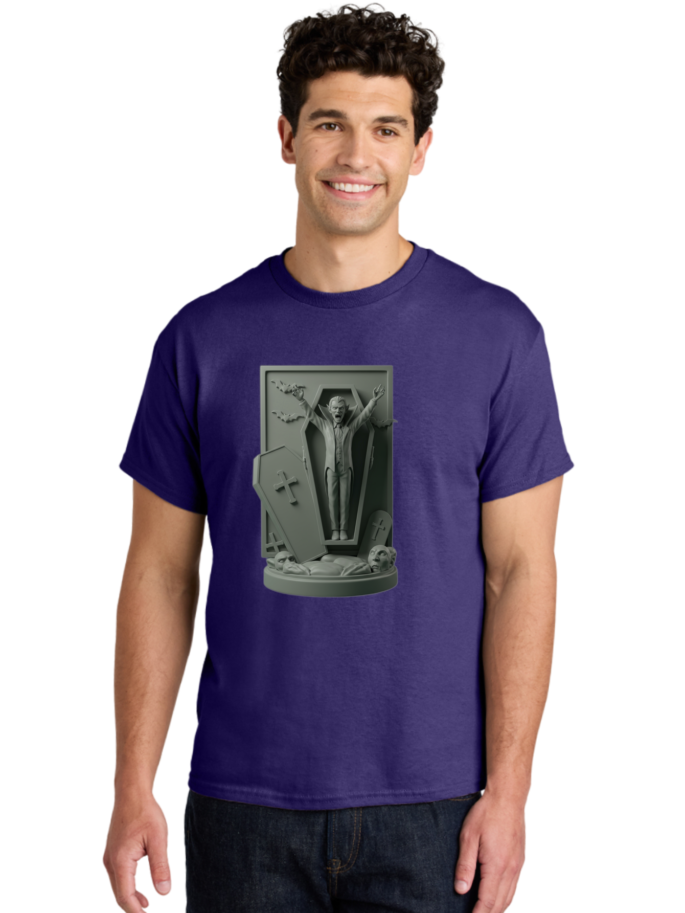 Vampire-Rising Men'S Graphic Tee, 100% Cotton, Comfortable Casual Summer Wear, Machine Washable, Vampire Rising From Coffin, Undead Creature, Horror Theme, Spooky Atmosphere, Bats Flying, Cross Symbol, Undead Rising, Gothic Style, Bac544 16