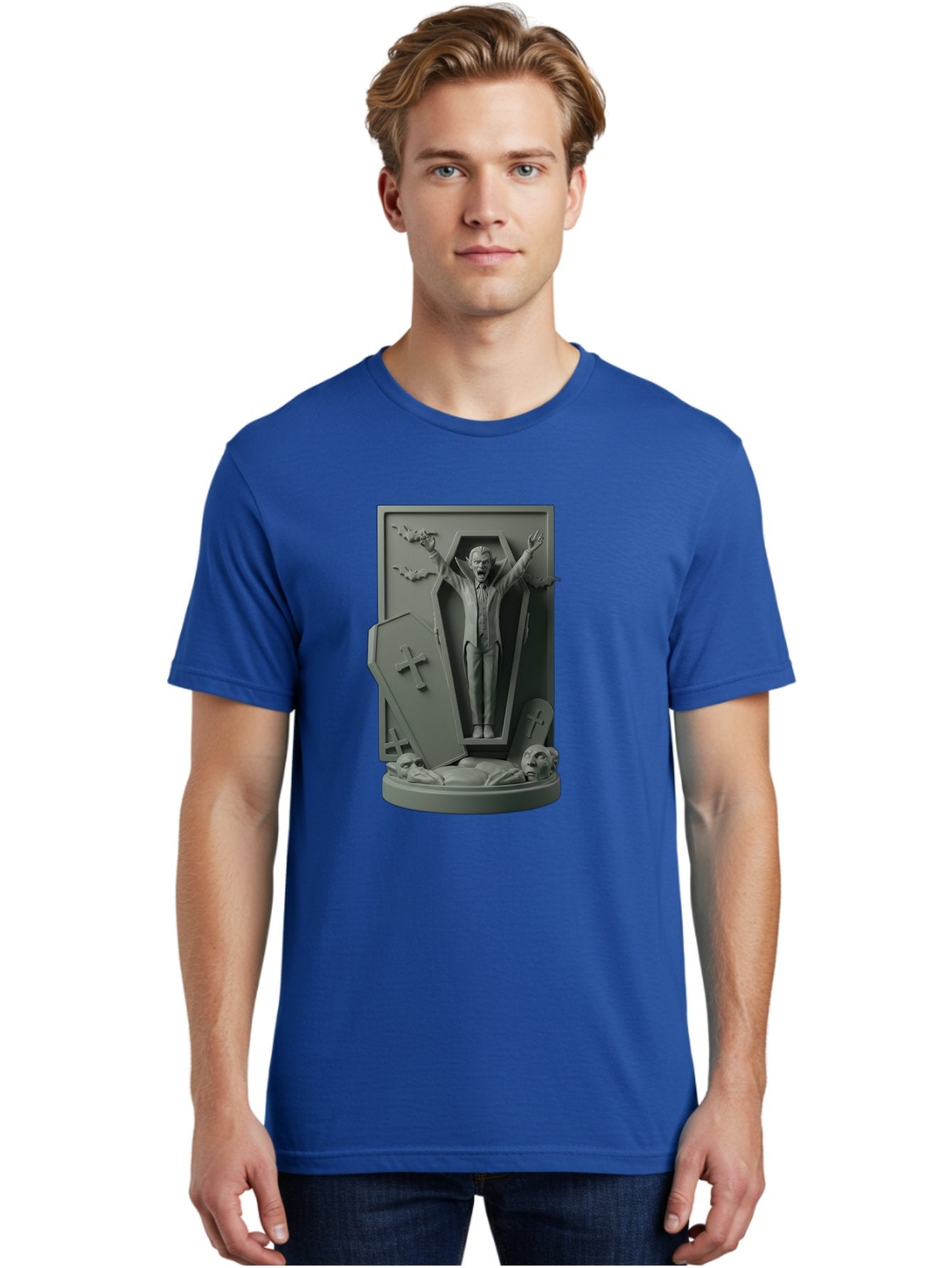 Vampire-Rising Men'S Graphic Tee, 100% Cotton, Comfortable Casual Summer Wear, Machine Washable, Vampire Rising From Coffin, Undead Creature, Horror Theme, Spooky Atmosphere, Bats Flying, Cross Symbol, Undead Rising, Gothic Style, Bac544 20