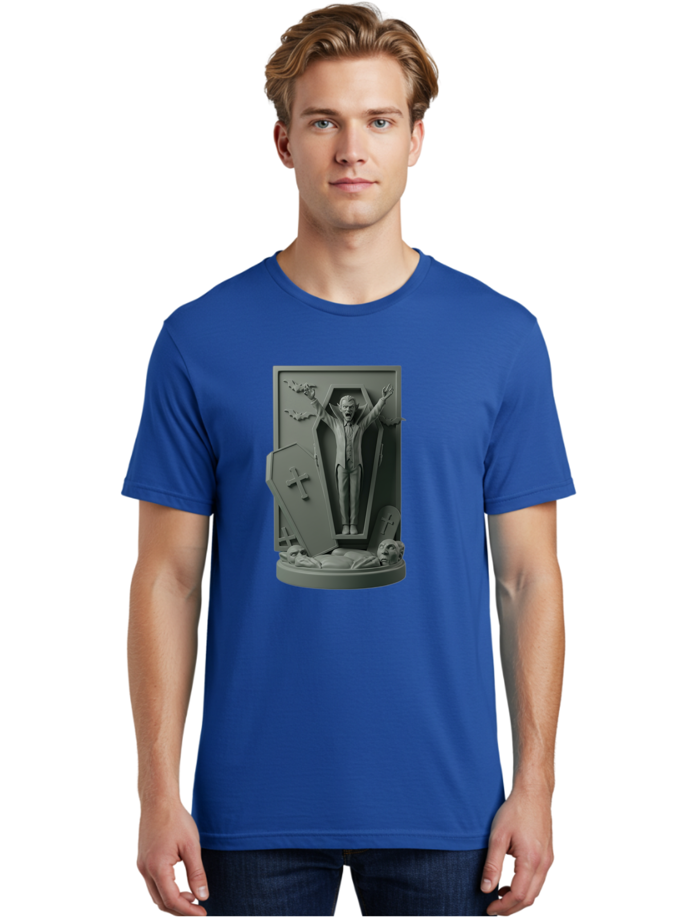 Vampire-Rising Men'S Graphic Tee, 100% Cotton, Comfortable Casual Summer Wear, Machine Washable, Vampire Rising From Coffin, Undead Creature, Horror Theme, Spooky Atmosphere, Bats Flying, Cross Symbol, Undead Rising, Gothic Style, Bac544 30