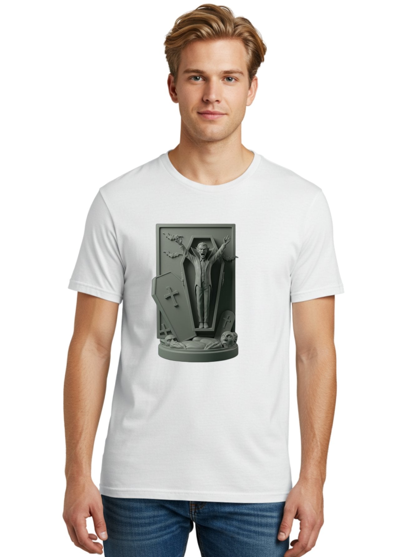 Vampire-Rising Men'S Graphic Tee, 100% Cotton, Comfortable Casual Summer Wear, Machine Washable, Vampire Rising From Coffin, Undead Creature, Horror Theme, Spooky Atmosphere, Bats Flying, Cross Symbol, Undead Rising, Gothic Style, Bac544 27