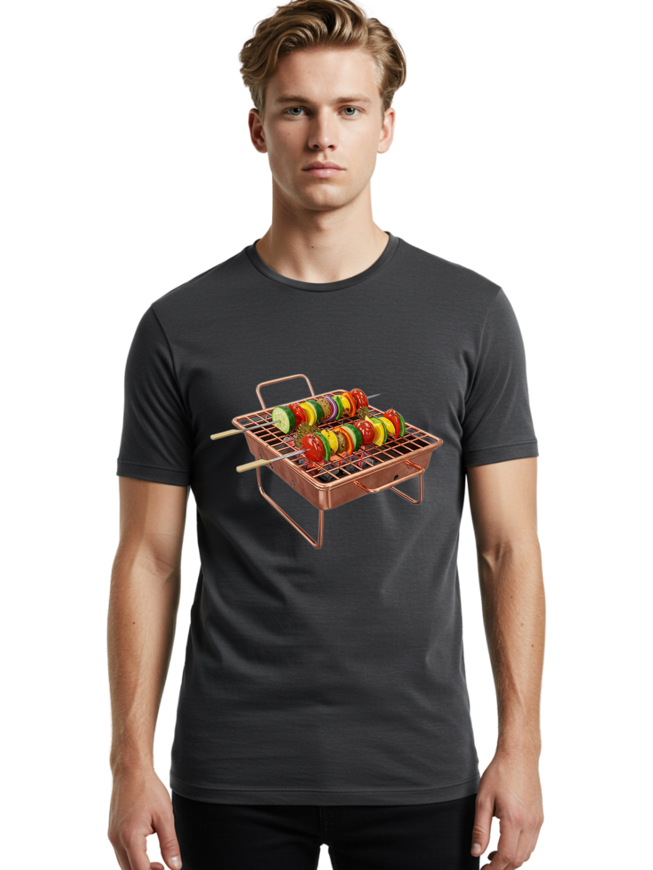 Vegetable-Skewers Men'S Graphic Tee, 100% Cotton, Comfortable Casual Summer Wear, Machine Washable, Grilled Vegetable Skewers, Skewers On Portable Grill, Fresh Vegetables, Outdoor Cooking, Barbecue, Healthy Eating, Vegetable Kebabs, Grilling Bac545 19