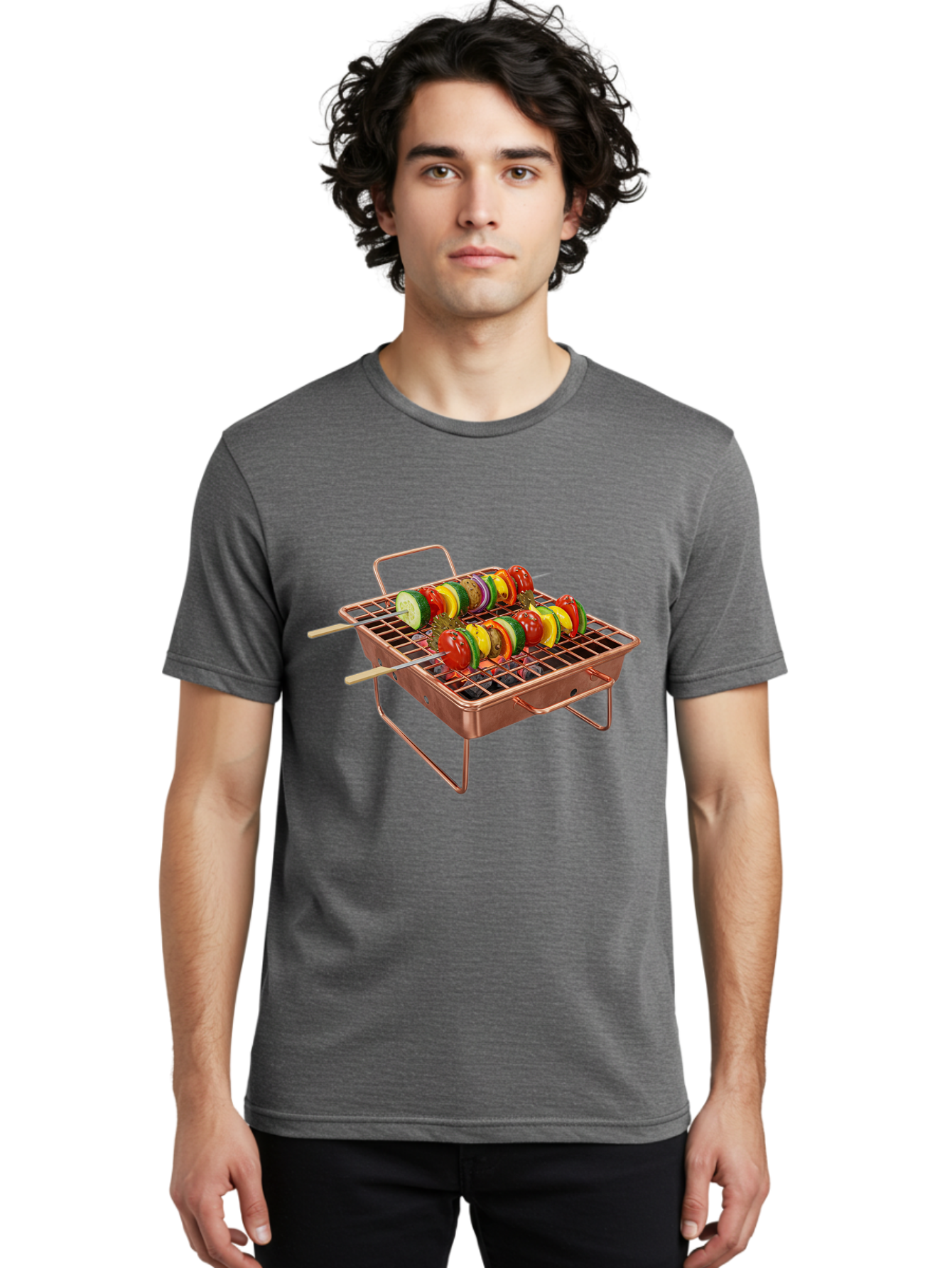 Vegetable-Skewers Men'S Graphic Tee, 100% Cotton, Comfortable Casual Summer Wear, Machine Washable, Grilled Vegetable Skewers, Skewers On Portable Grill, Fresh Vegetables, Outdoor Cooking, Barbecue, Healthy Eating, Vegetable Kebabs, Grilling Bac545 18