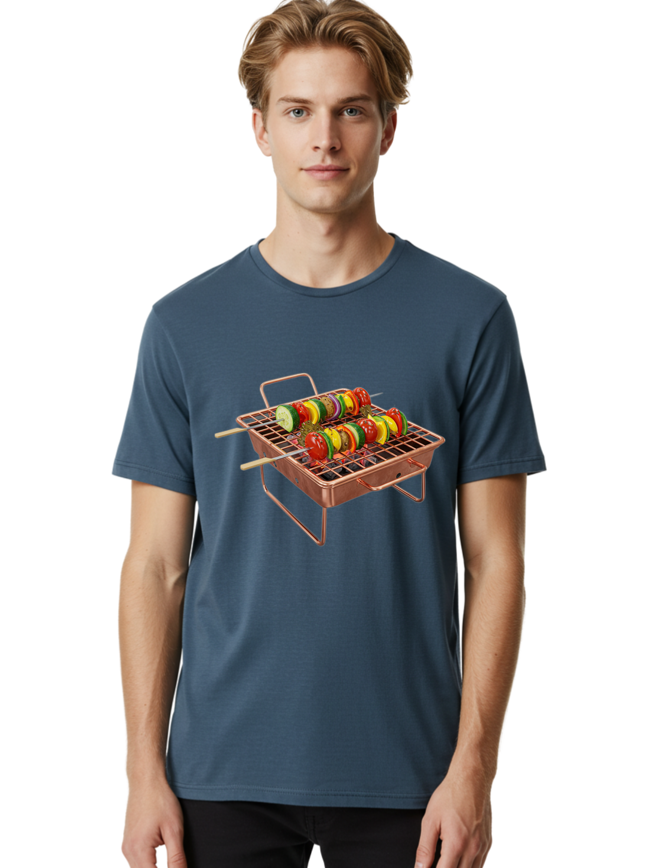 Vegetable-Skewers Men'S Graphic Tee, 100% Cotton, Comfortable Casual Summer Wear, Machine Washable, Grilled Vegetable Skewers, Skewers On Portable Grill, Fresh Vegetables, Outdoor Cooking, Barbecue, Healthy Eating, Vegetable Kebabs, Grilling Bac545 29