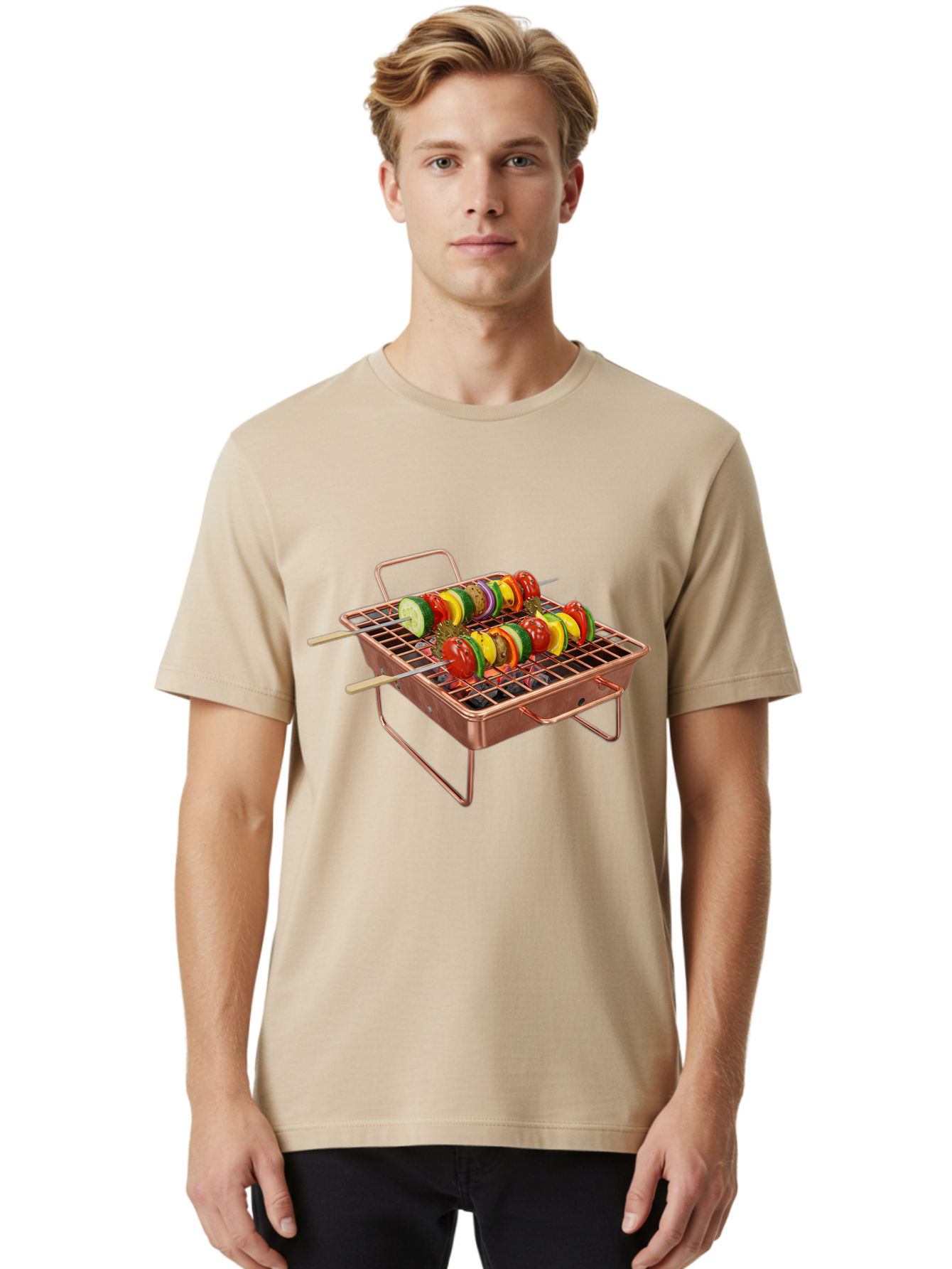 Vegetable-Skewers Men'S Graphic Tee, 100% Cotton, Comfortable Casual Summer Wear, Machine Washable, Grilled Vegetable Skewers, Skewers On Portable Grill, Fresh Vegetables, Outdoor Cooking, Barbecue, Healthy Eating, Vegetable Kebabs, Grilling Bac545 26
