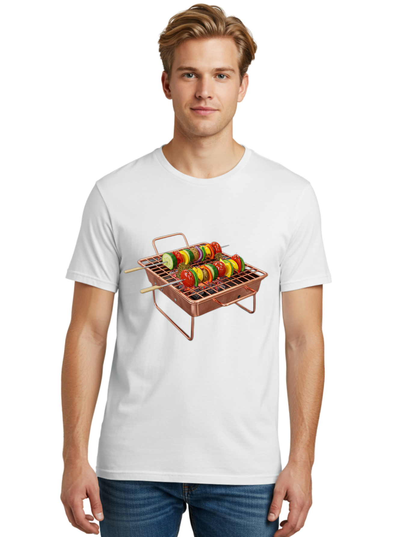 Vegetable-Skewers Men'S Graphic Tee, 100% Cotton, Comfortable Casual Summer Wear, Machine Washable, Grilled Vegetable Skewers, Skewers On Portable Grill, Fresh Vegetables, Outdoor Cooking, Barbecue, Healthy Eating, Vegetable Kebabs, Grilling Bac545 20
