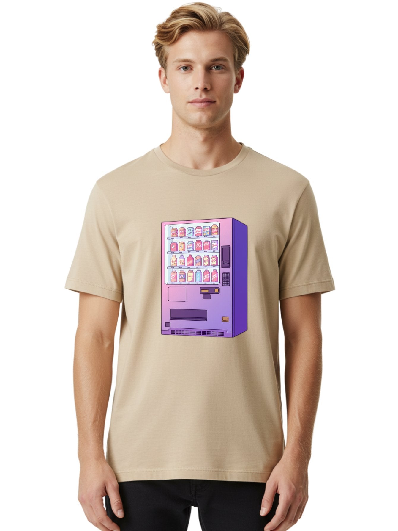 Vending-Machine Men'S Graphic Tee, 100% Cotton, Comfortable Casual Summer Wear, Machine Washable, Vending Machine, Soda Drinks, Colorful Cans, Vending Machine Interface, Automated Retail, Convenience Technology, Soft Drink Dispenser, Bac546 24