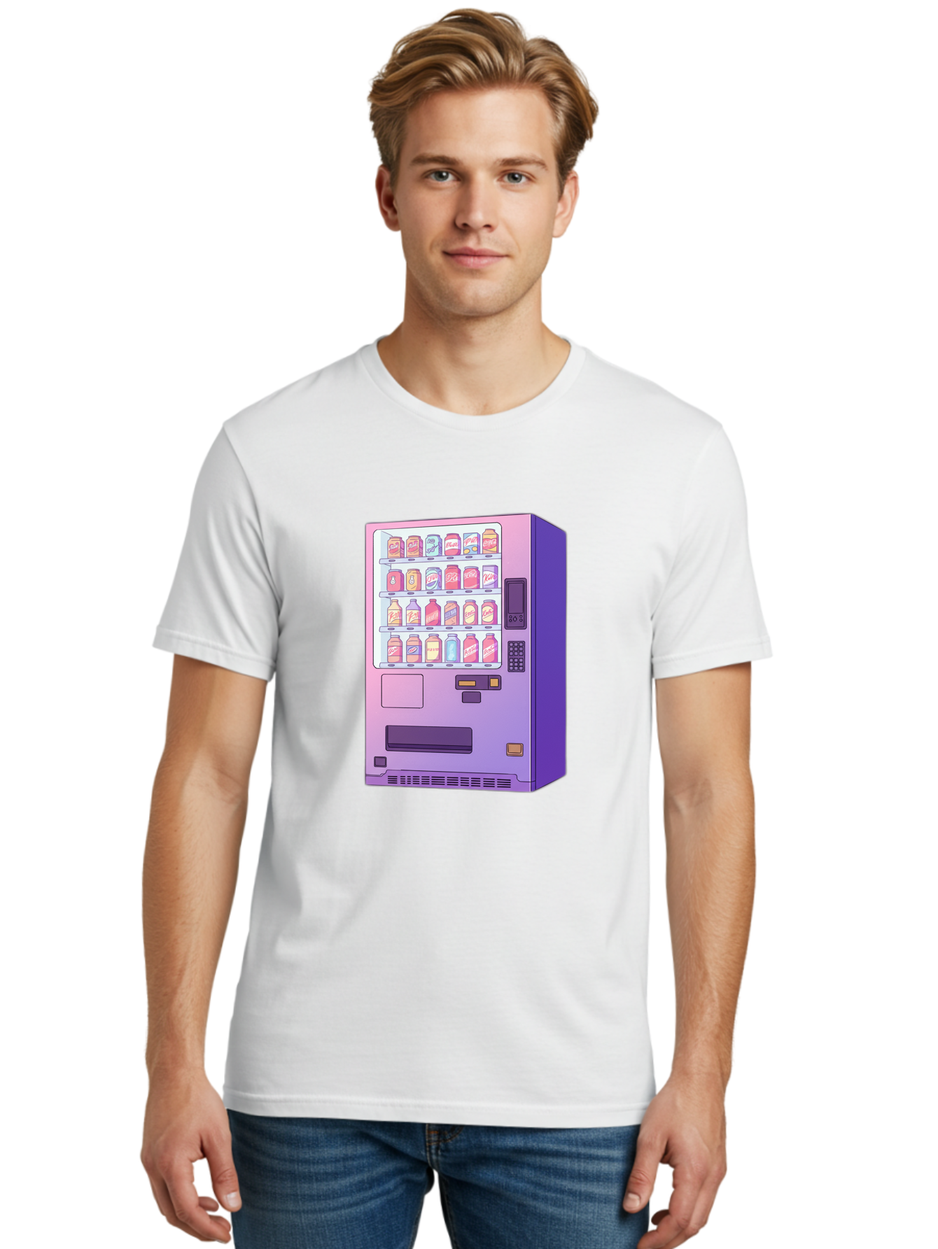 Vending-Machine Men'S Graphic Tee, 100% Cotton, Comfortable Casual Summer Wear, Machine Washable, Vending Machine, Soda Drinks, Colorful Cans, Vending Machine Interface, Automated Retail, Convenience Technology, Soft Drink Dispenser, Bac546 23