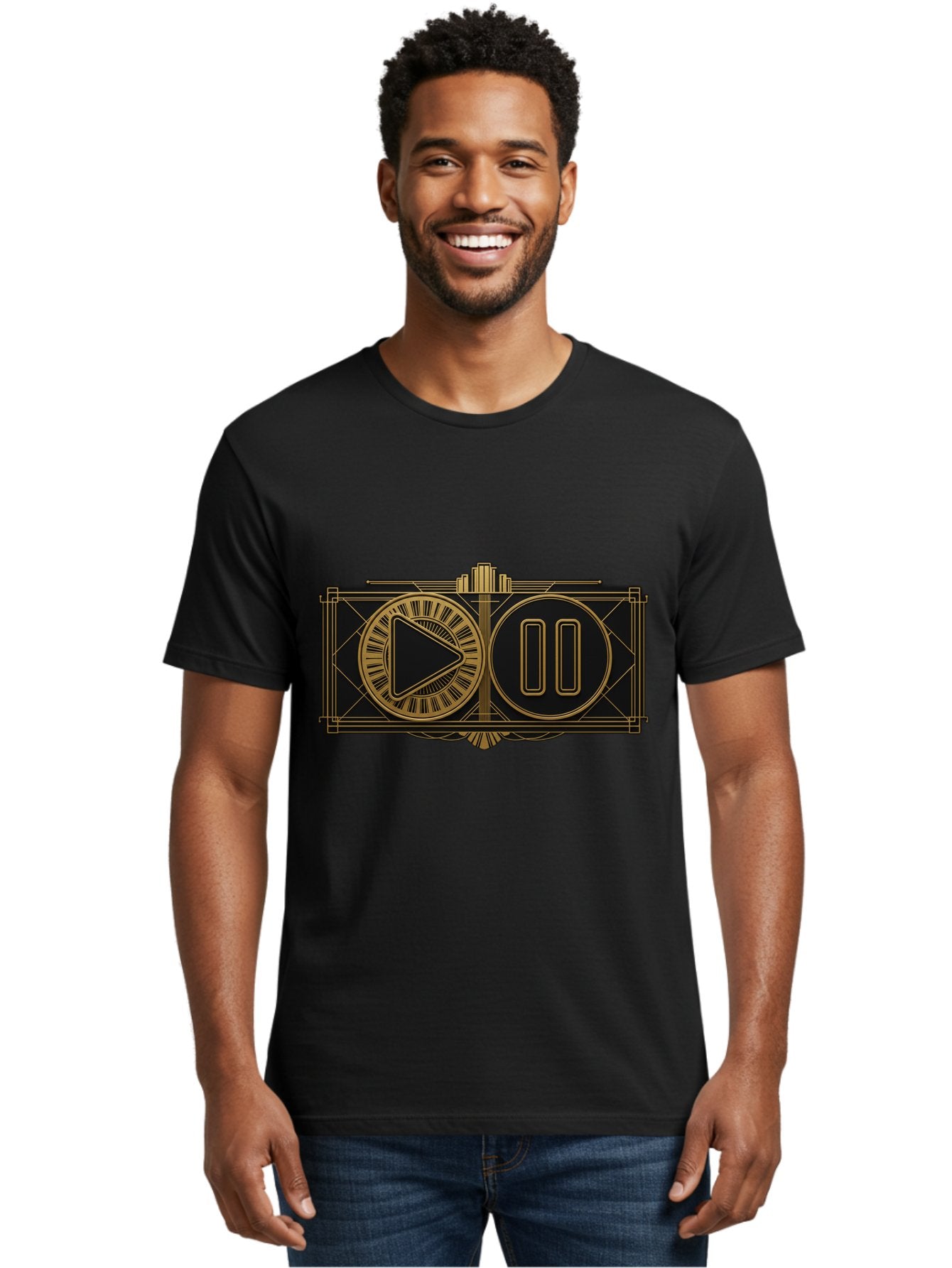Video-Controls Men'S Graphic Tee, 100% Cotton, Comfortable Casual Summer Wear, Machine Washable, Play Button, Pause Button, Video Controls, Media Player, Gold Accents, Black Background, Modern Design, User Interface, Digital Media Bac547 27