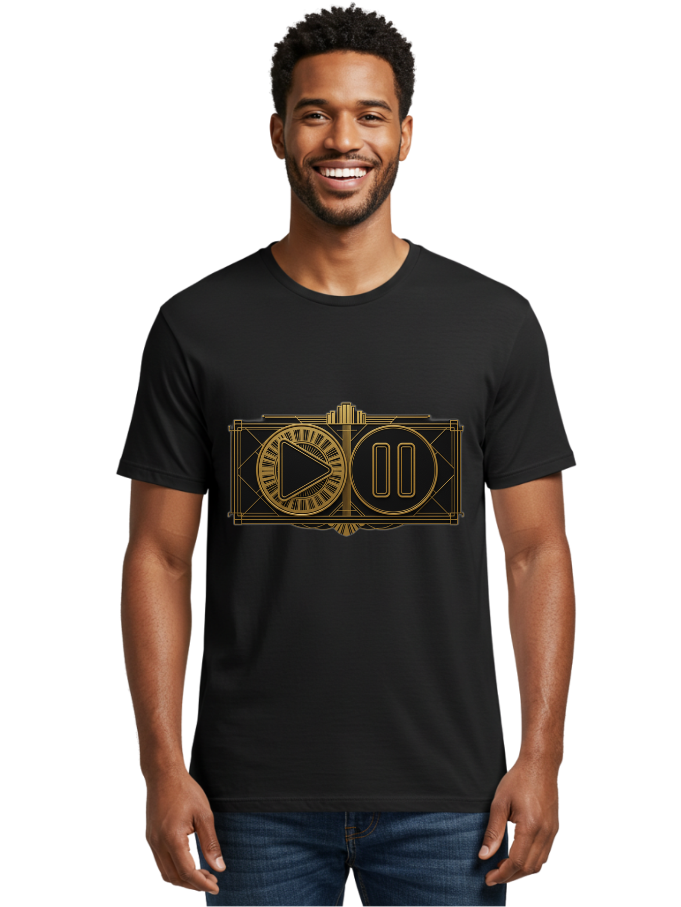 Video-Controls Men'S Graphic Tee, 100% Cotton, Comfortable Casual Summer Wear, Machine Washable, Play Button, Pause Button, Video Controls, Media Player, Gold Accents, Black Background, Modern Design, User Interface, Digital Media Bac547 19