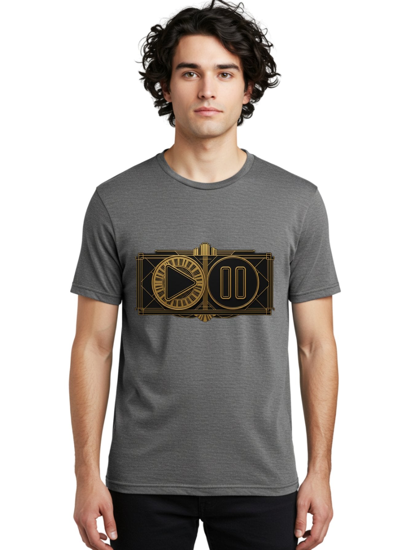 Video-Controls Men'S Graphic Tee, 100% Cotton, Comfortable Casual Summer Wear, Machine Washable, Play Button, Pause Button, Video Controls, Media Player, Gold Accents, Black Background, Modern Design, User Interface, Digital Media Bac547 20