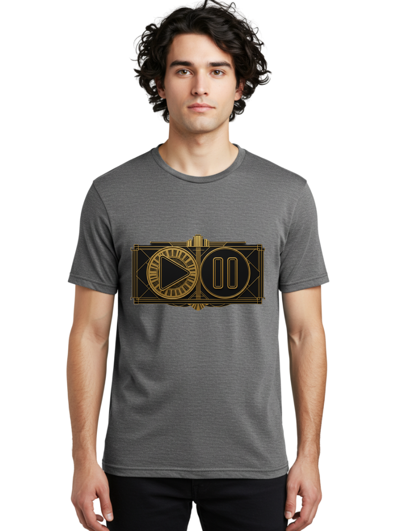 Video-Controls Men'S Graphic Tee, 100% Cotton, Comfortable Casual Summer Wear, Machine Washable, Play Button, Pause Button, Video Controls, Media Player, Gold Accents, Black Background, Modern Design, User Interface, Digital Media Bac547 30