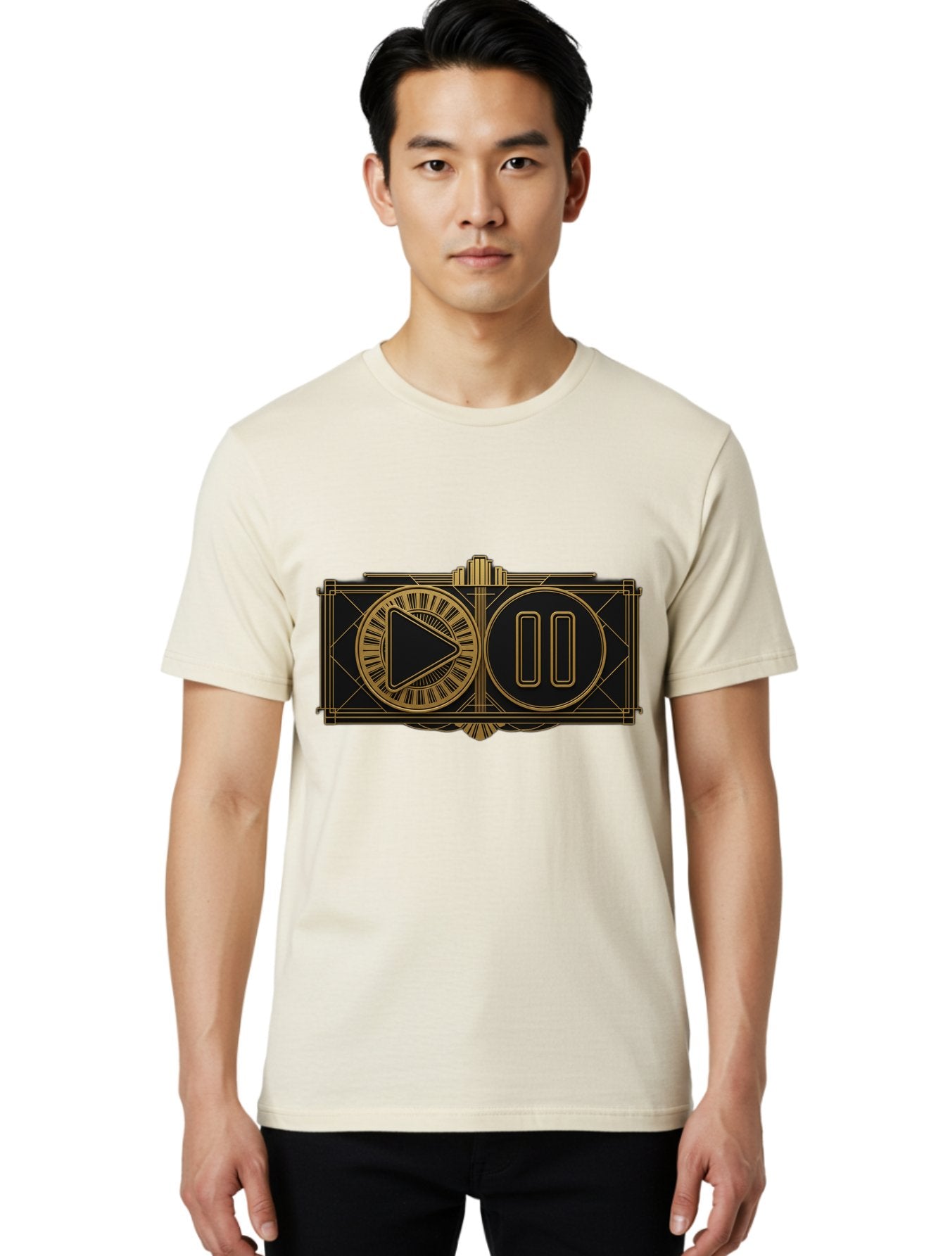 Video-Controls Men'S Graphic Tee, 100% Cotton, Comfortable Casual Summer Wear, Machine Washable, Play Button, Pause Button, Video Controls, Media Player, Gold Accents, Black Background, Modern Design, User Interface, Digital Media Bac547 19