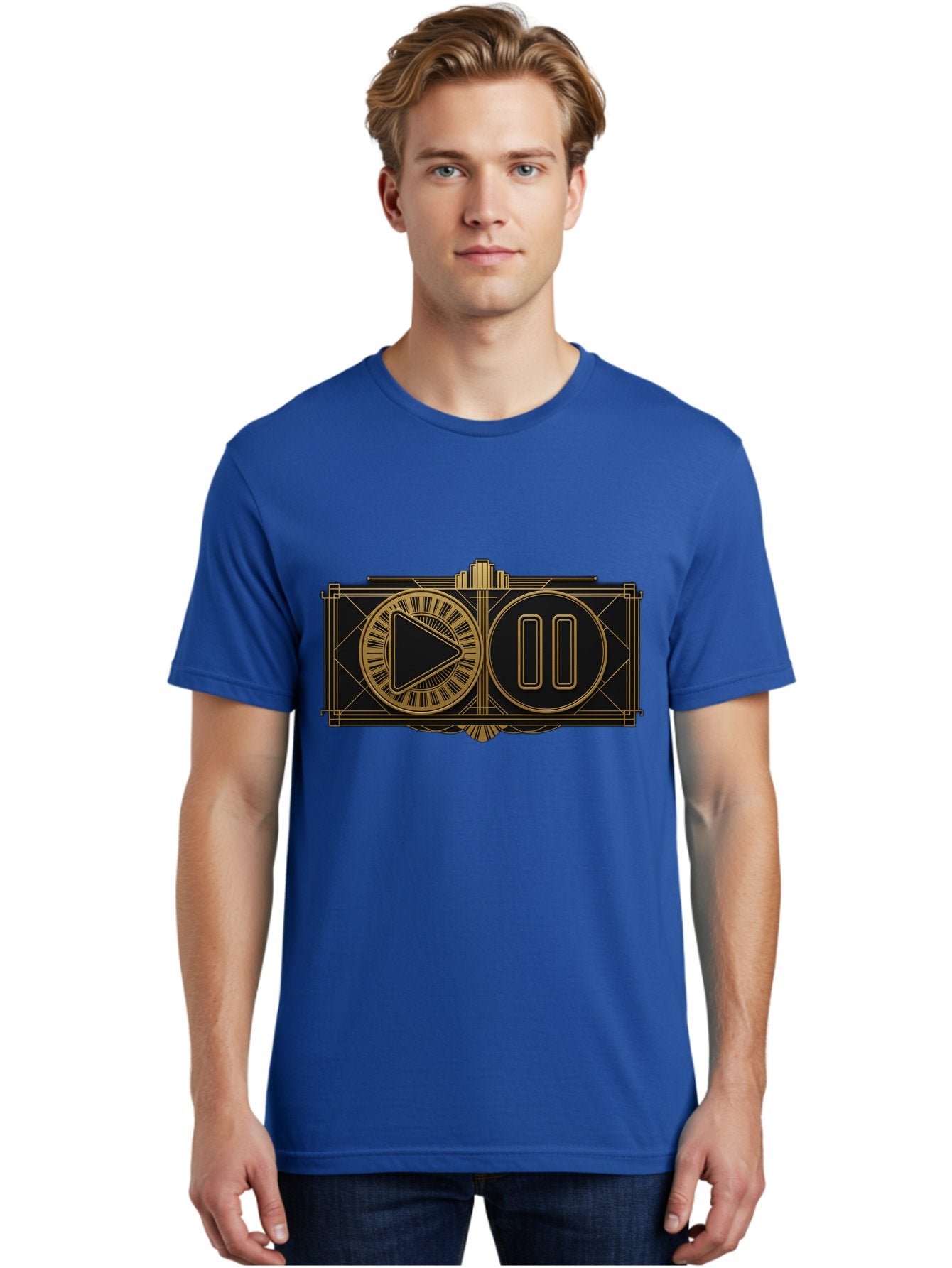 Video-Controls Men'S Graphic Tee, 100% Cotton, Comfortable Casual Summer Wear, Machine Washable, Play Button, Pause Button, Video Controls, Media Player, Gold Accents, Black Background, Modern Design, User Interface, Digital Media Bac547 18