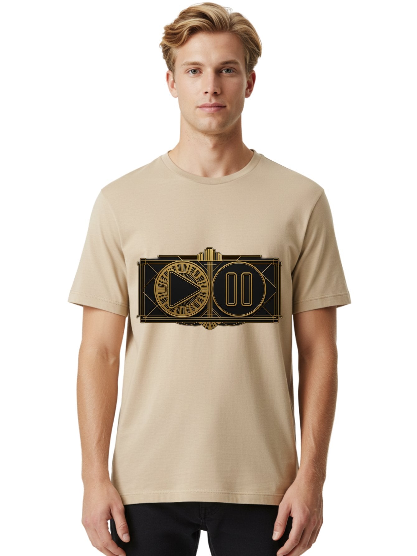 Video-Controls Men'S Graphic Tee, 100% Cotton, Comfortable Casual Summer Wear, Machine Washable, Play Button, Pause Button, Video Controls, Media Player, Gold Accents, Black Background, Modern Design, User Interface, Digital Media Bac547 16