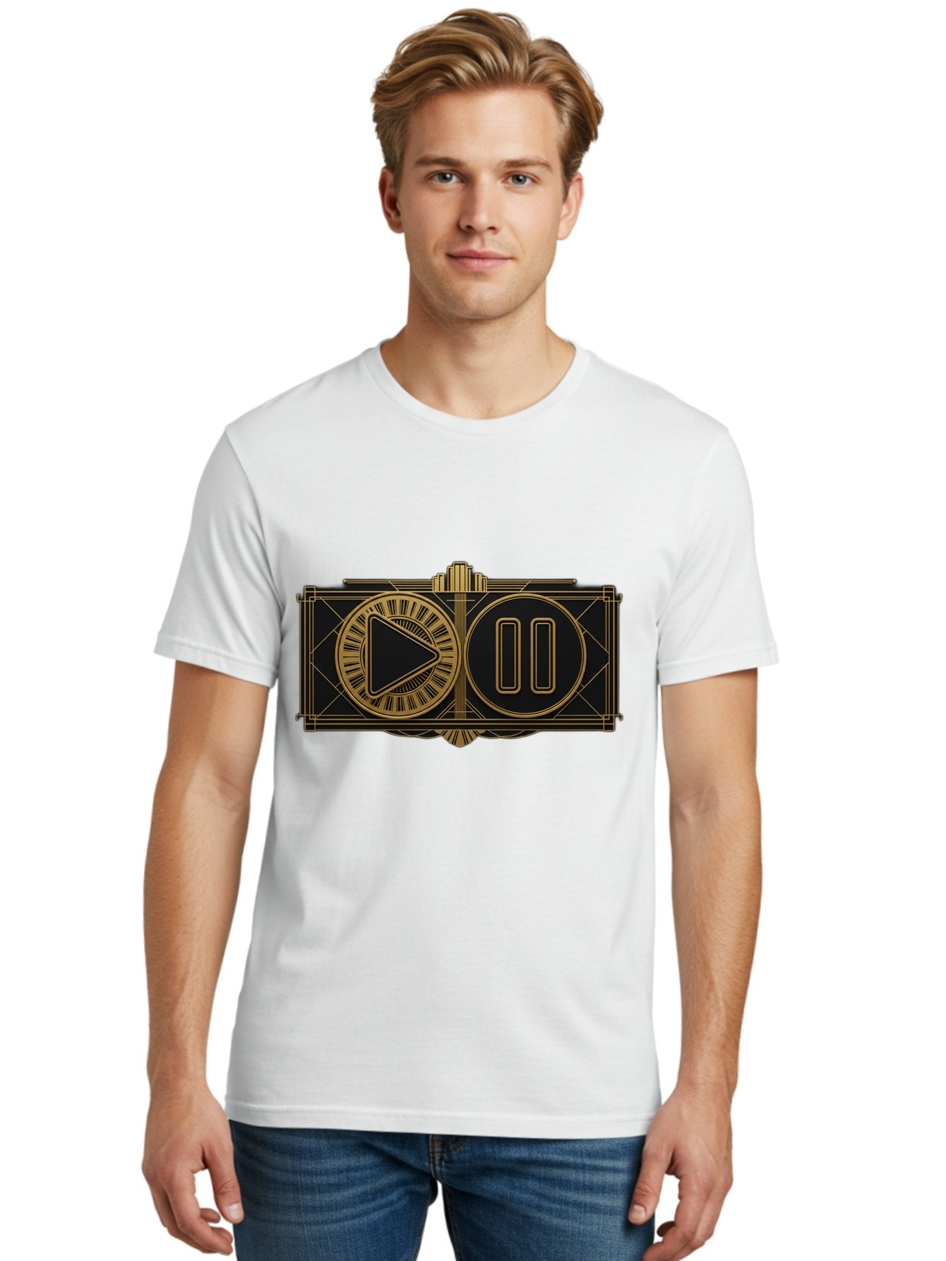 Video-Controls Men'S Graphic Tee, 100% Cotton, Comfortable Casual Summer Wear, Machine Washable, Play Button, Pause Button, Video Controls, Media Player, Gold Accents, Black Background, Modern Design, User Interface, Digital Media Bac547 24