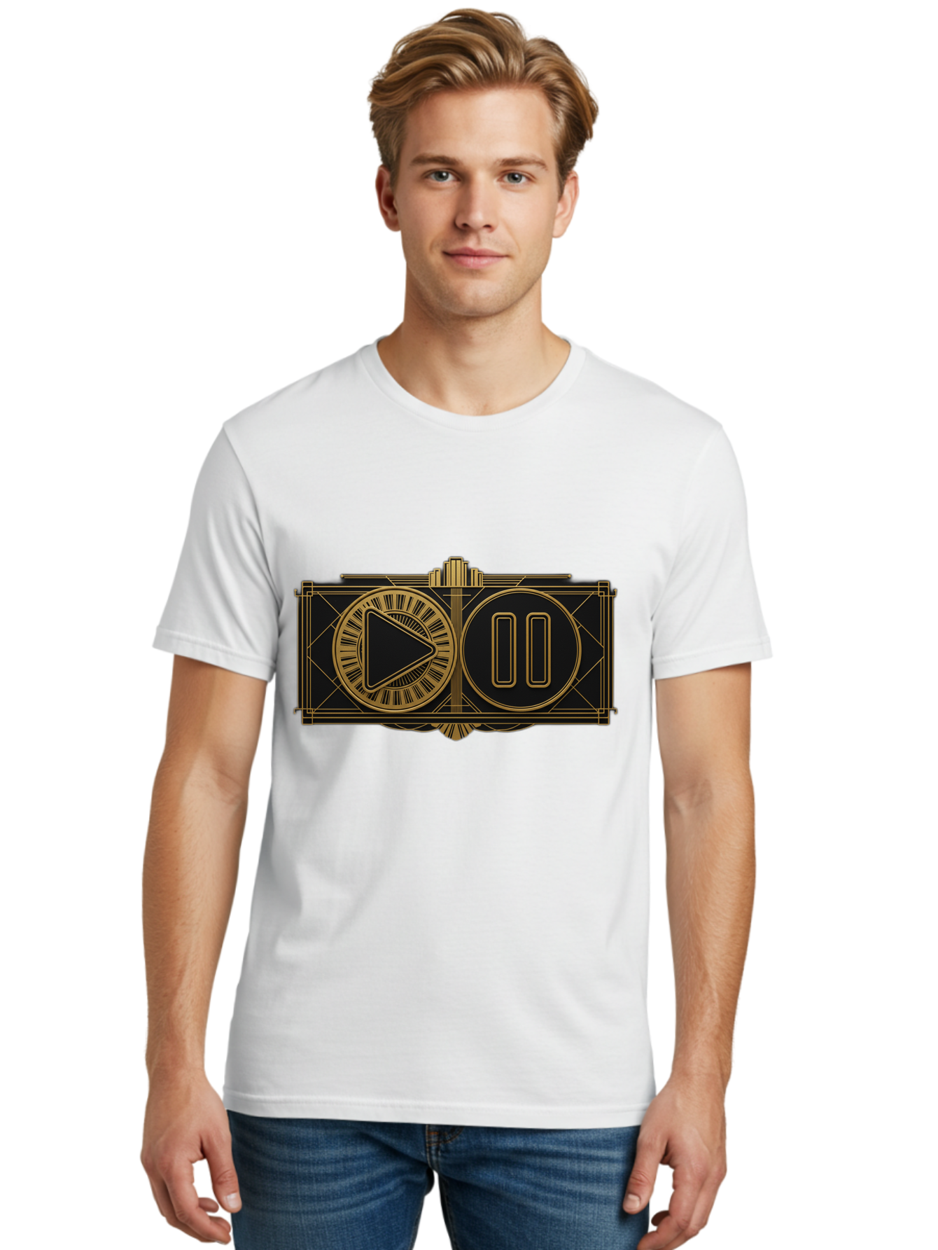 Video-Controls Men'S Graphic Tee, 100% Cotton, Comfortable Casual Summer Wear, Machine Washable, Play Button, Pause Button, Video Controls, Media Player, Gold Accents, Black Background, Modern Design, User Interface, Digital Media Bac547 22