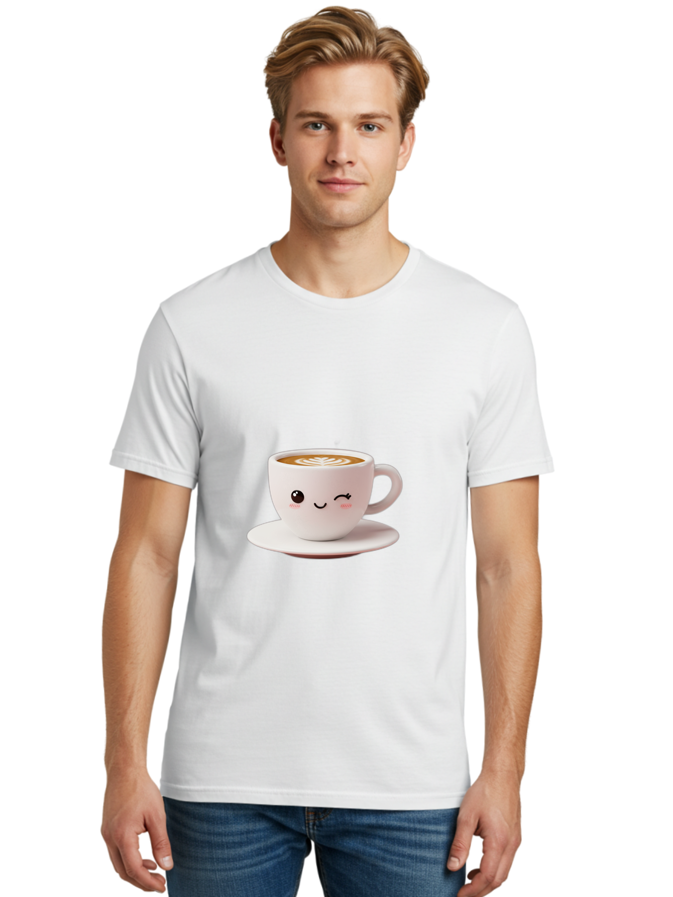 Winking-Coffee-Cup Men'S Graphic Tee, 100% Cotton, Comfortable Casual Summer Wear, Machine Washable, Cute Coffee Cup, Cartoon Character, Coffee Break, Latte Art, Winking Face, Adorable Design, Morning Pick-Me-Up, Coffee Lover, Cozy Vibes Bac553 28