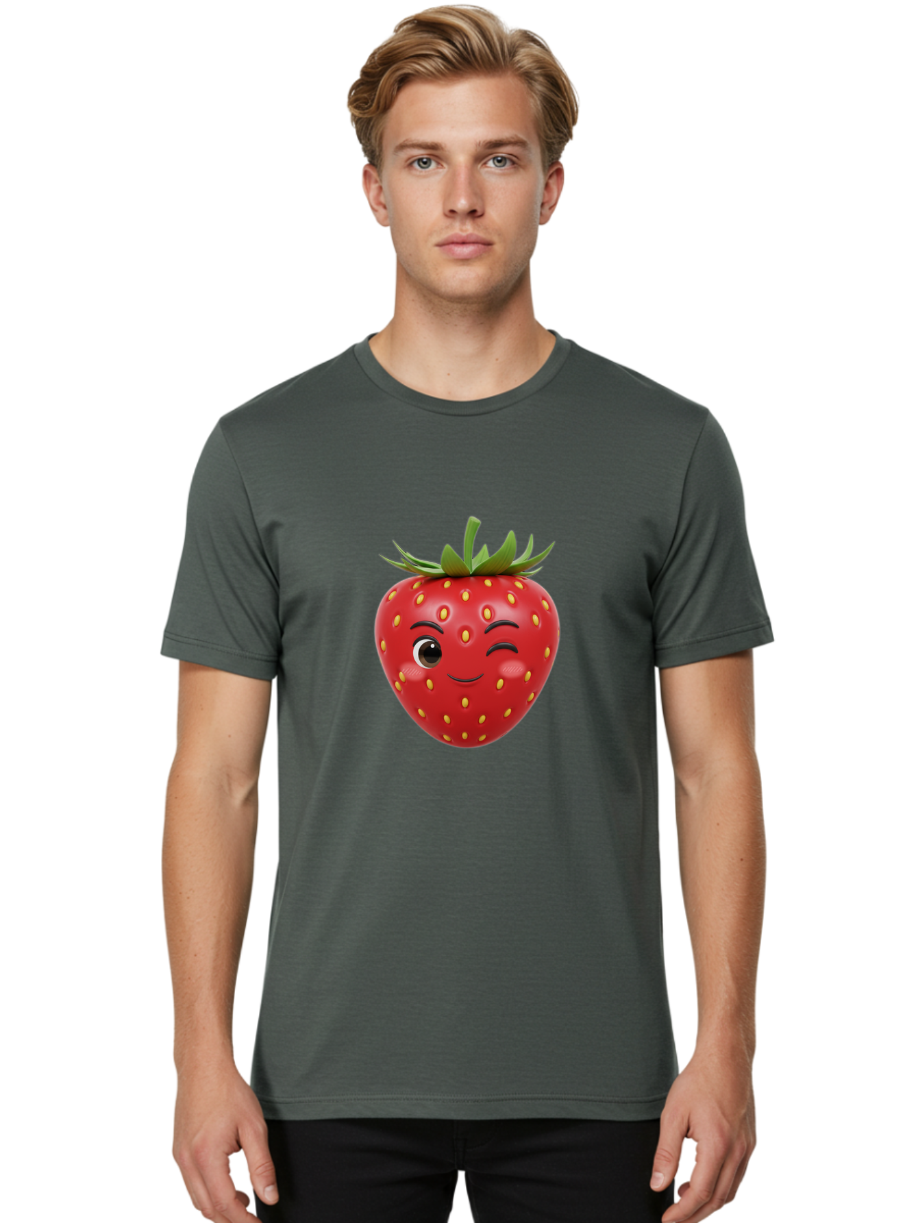 Winking-Strawberry-1 Men'S Graphic Tee, 100% Cotton, Comfortable Casual Summer Wear, Machine Washable, Cartoon Strawberry, Winking Face, Yellow Seeds, Red Fruit, Funny Character, Cute Emoji, Playful Expression, Smiling Face, Bac554 28