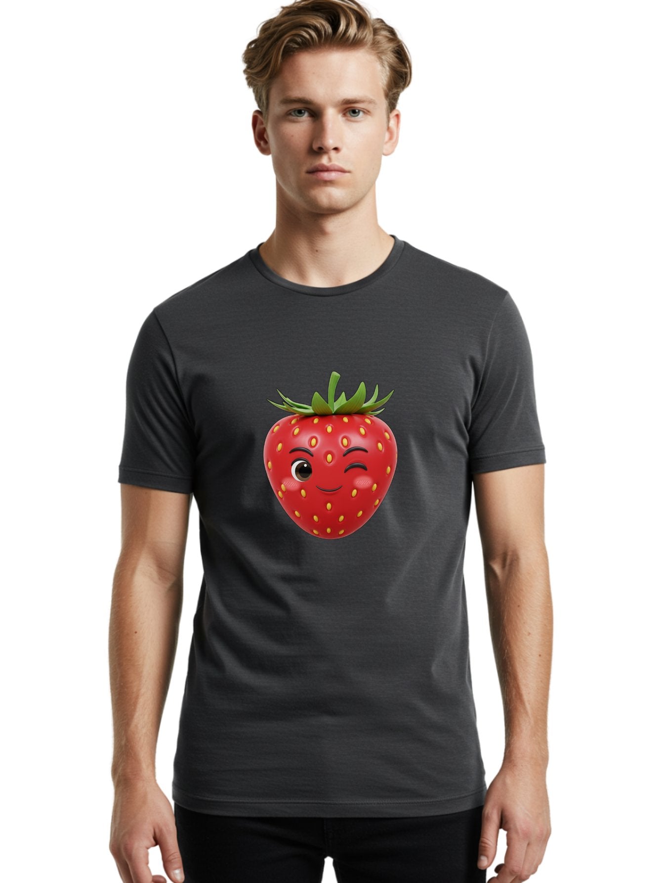 Winking-Strawberry-1 Men'S Graphic Tee, 100% Cotton, Comfortable Casual Summer Wear, Machine Washable, Cartoon Strawberry, Winking Face, Yellow Seeds, Red Fruit, Funny Character, Cute Emoji, Playful Expression, Smiling Face, Bac554 18
