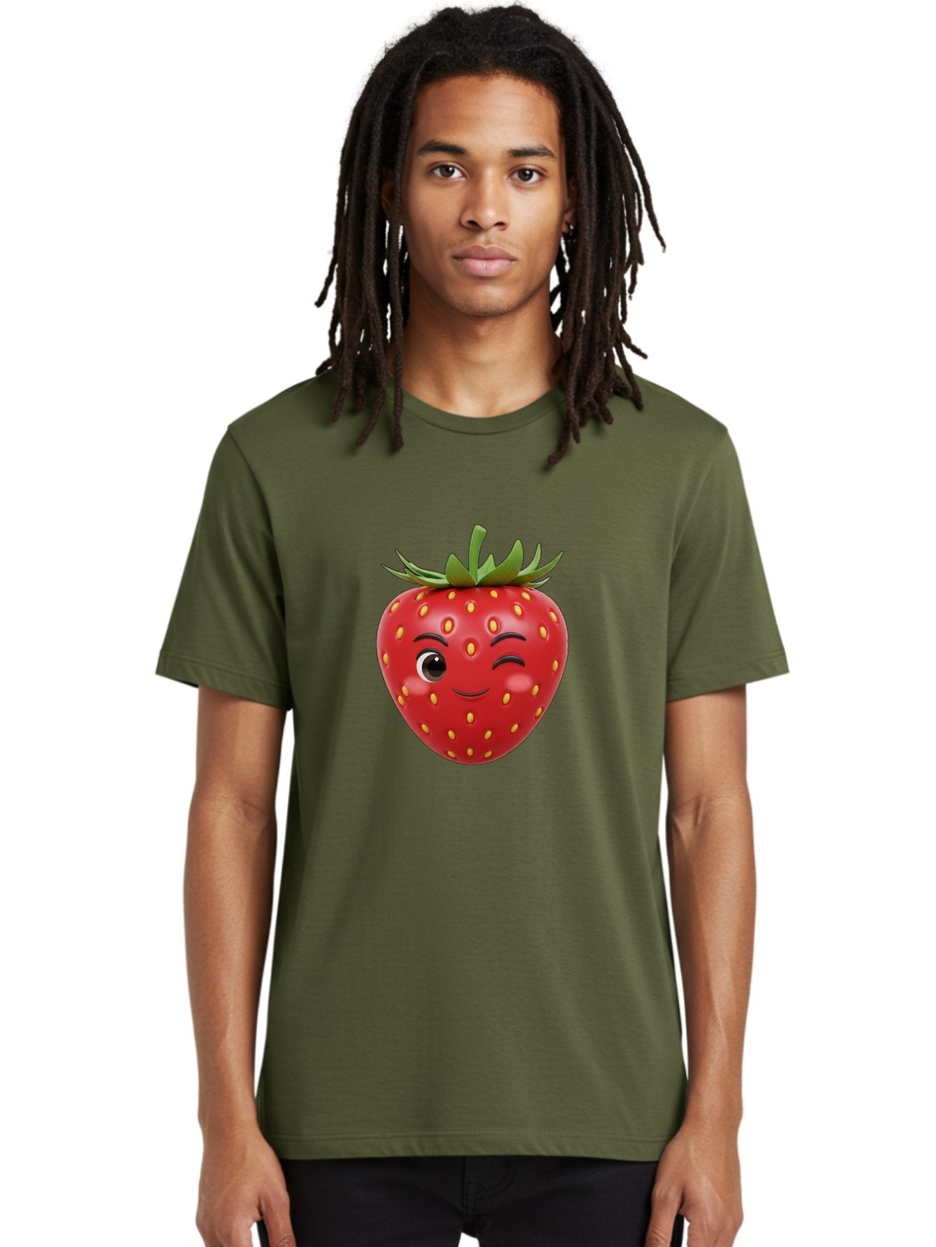 Winking-Strawberry-1 Men'S Graphic Tee, 100% Cotton, Comfortable Casual Summer Wear, Machine Washable, Cartoon Strawberry, Winking Face, Yellow Seeds, Red Fruit, Funny Character, Cute Emoji, Playful Expression, Smiling Face, Bac554 21