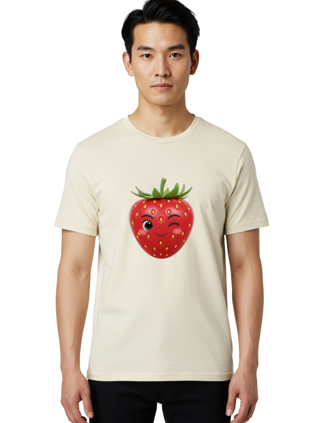 Winking-Strawberry-1 Men'S Graphic Tee, 100% Cotton, Comfortable Casual Summer Wear, Machine Washable, Cartoon Strawberry, Winking Face, Yellow Seeds, Red Fruit, Funny Character, Cute Emoji, Playful Expression, Smiling Face, Bac554 29