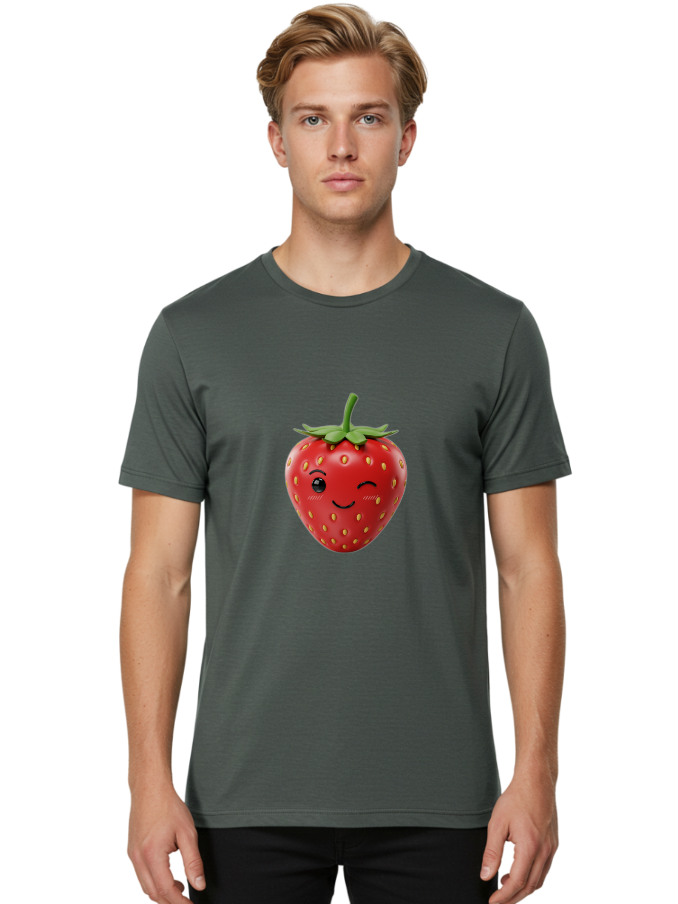 Winking-Strawberry-10 Men'S Graphic Tee, 100% Cotton, Comfortable Casual Summer Wear, Machine Washable, Red Strawberry, Cartoon Character, Winking Face, Smiling Strawberry, Cute Emoji, Fruit Illustration, Yellow Seeds, Strawberry Icon Bac555 16