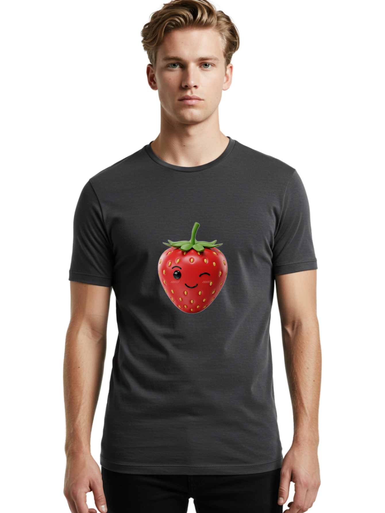 Winking-Strawberry-10 Men'S Graphic Tee, 100% Cotton, Comfortable Casual Summer Wear, Machine Washable, Red Strawberry, Cartoon Character, Winking Face, Smiling Strawberry, Cute Emoji, Fruit Illustration, Yellow Seeds, Strawberry Icon Bac555 26