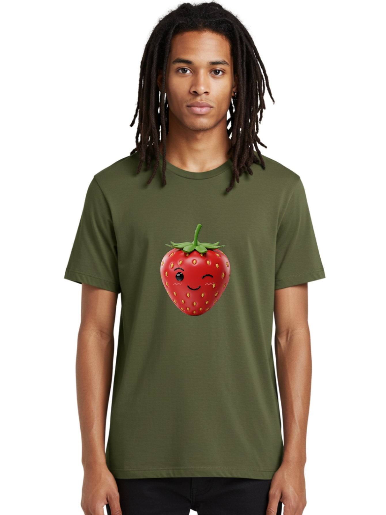 Winking-Strawberry-10 Men'S Graphic Tee, 100% Cotton, Comfortable Casual Summer Wear, Machine Washable, Red Strawberry, Cartoon Character, Winking Face, Smiling Strawberry, Cute Emoji, Fruit Illustration, Yellow Seeds, Strawberry Icon Bac555 17