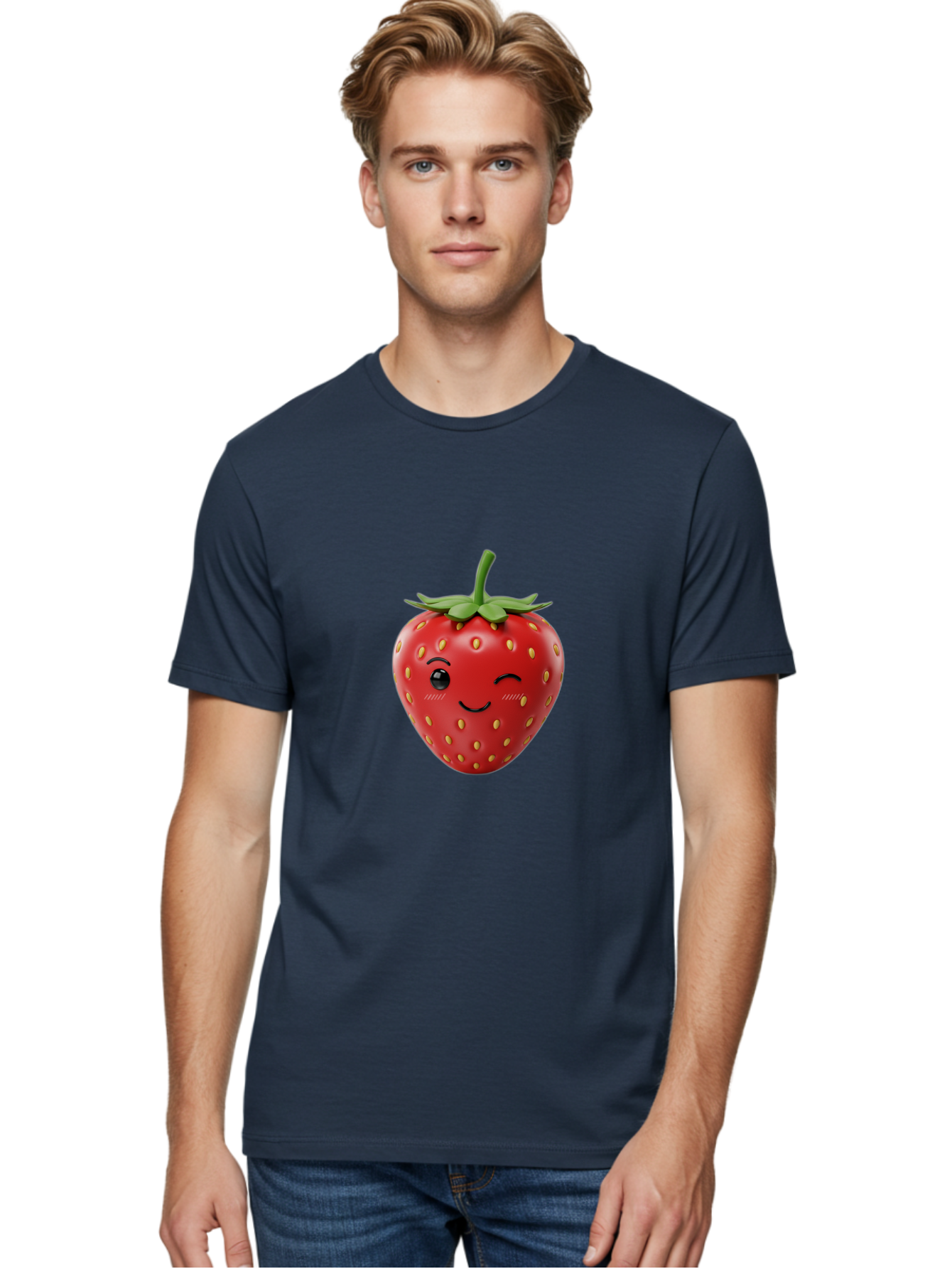 Winking-Strawberry-10 Men'S Graphic Tee, 100% Cotton, Comfortable Casual Summer Wear, Machine Washable, Red Strawberry, Cartoon Character, Winking Face, Smiling Strawberry, Cute Emoji, Fruit Illustration, Yellow Seeds, Strawberry Icon Bac555 21