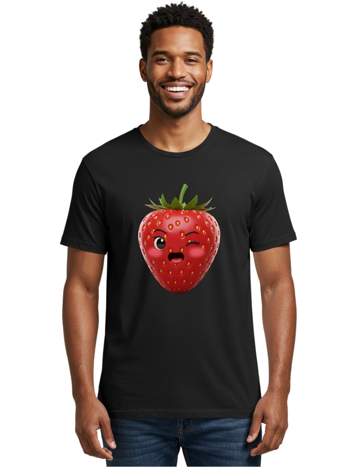 Winking-Strawberry-11 Men'S Graphic Tee, 100% Cotton, Comfortable Casual Summer Wear, Machine Washable, Cartoon Strawberry, Winking Face, Playful Expression, Comical Character, Vibrant Red, Yellow Seeds, Green Leaves, Funny Emotion, Emoticon Bac556 17