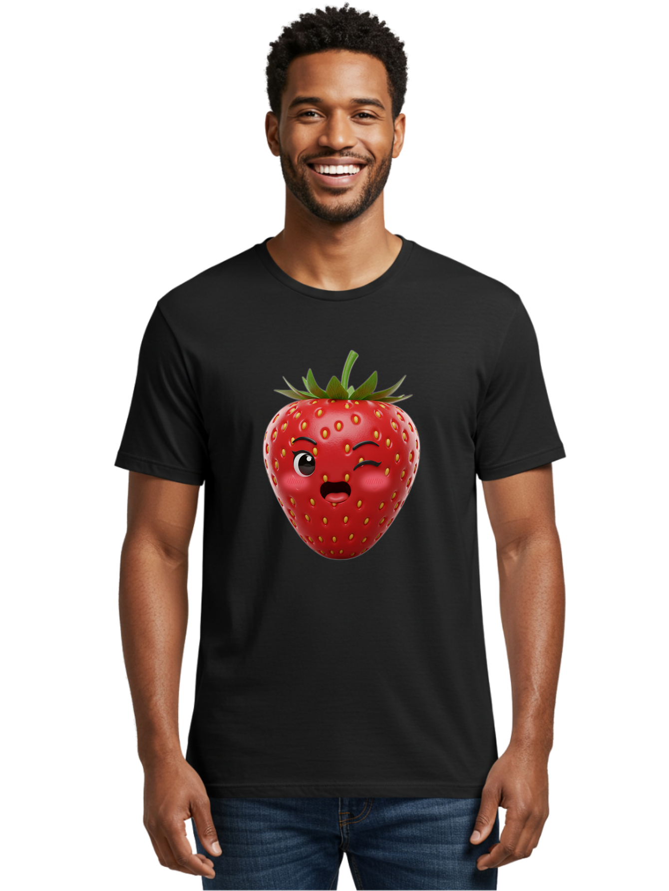 Winking-Strawberry-11 Men'S Graphic Tee, 100% Cotton, Comfortable Casual Summer Wear, Machine Washable, Cartoon Strawberry, Winking Face, Playful Expression, Comical Character, Vibrant Red, Yellow Seeds, Green Leaves, Funny Emotion, Emoticon Bac556 29