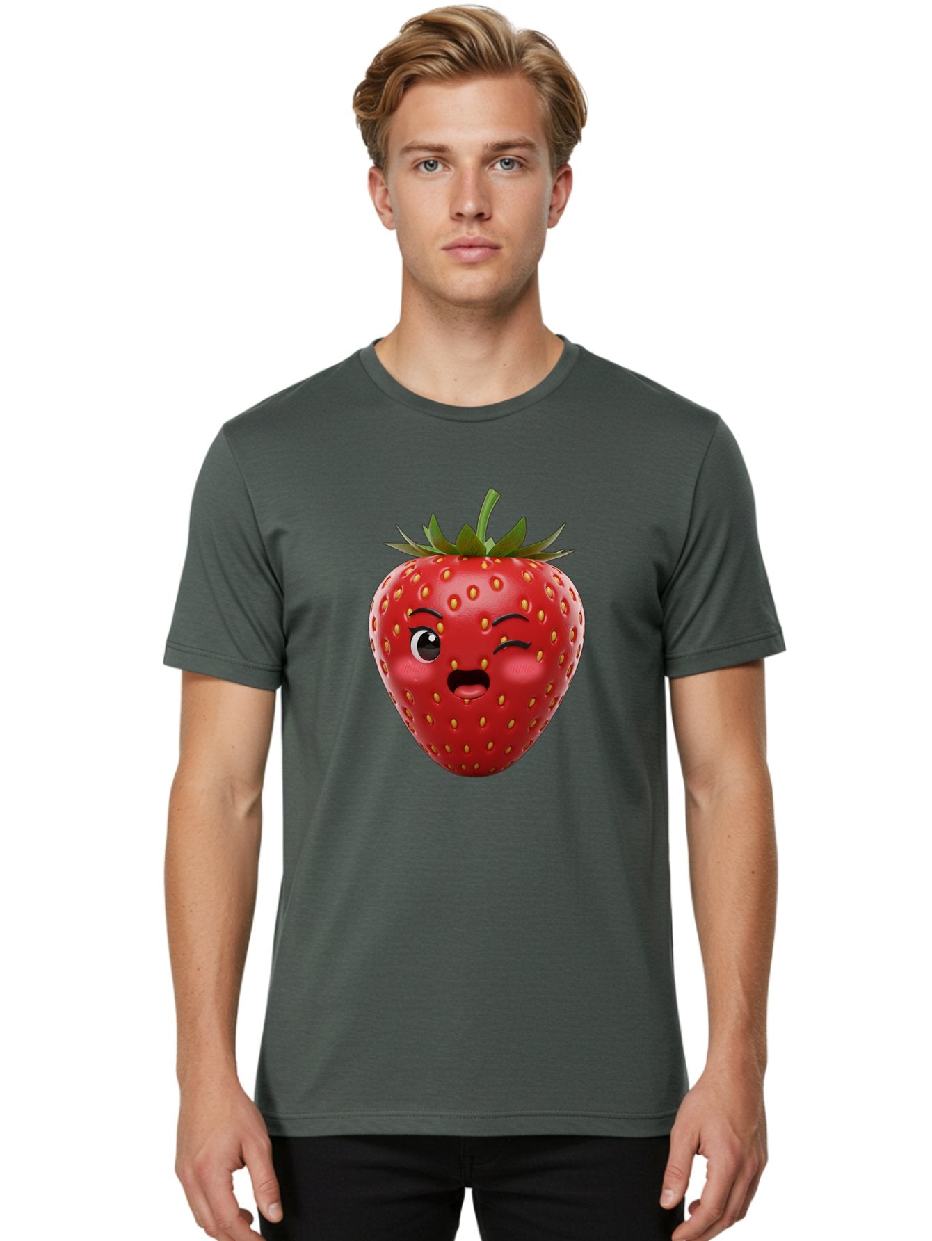 Winking-Strawberry-11 Men'S Graphic Tee, 100% Cotton, Comfortable Casual Summer Wear, Machine Washable, Cartoon Strawberry, Winking Face, Playful Expression, Comical Character, Vibrant Red, Yellow Seeds, Green Leaves, Funny Emotion, Emoticon Bac556 19