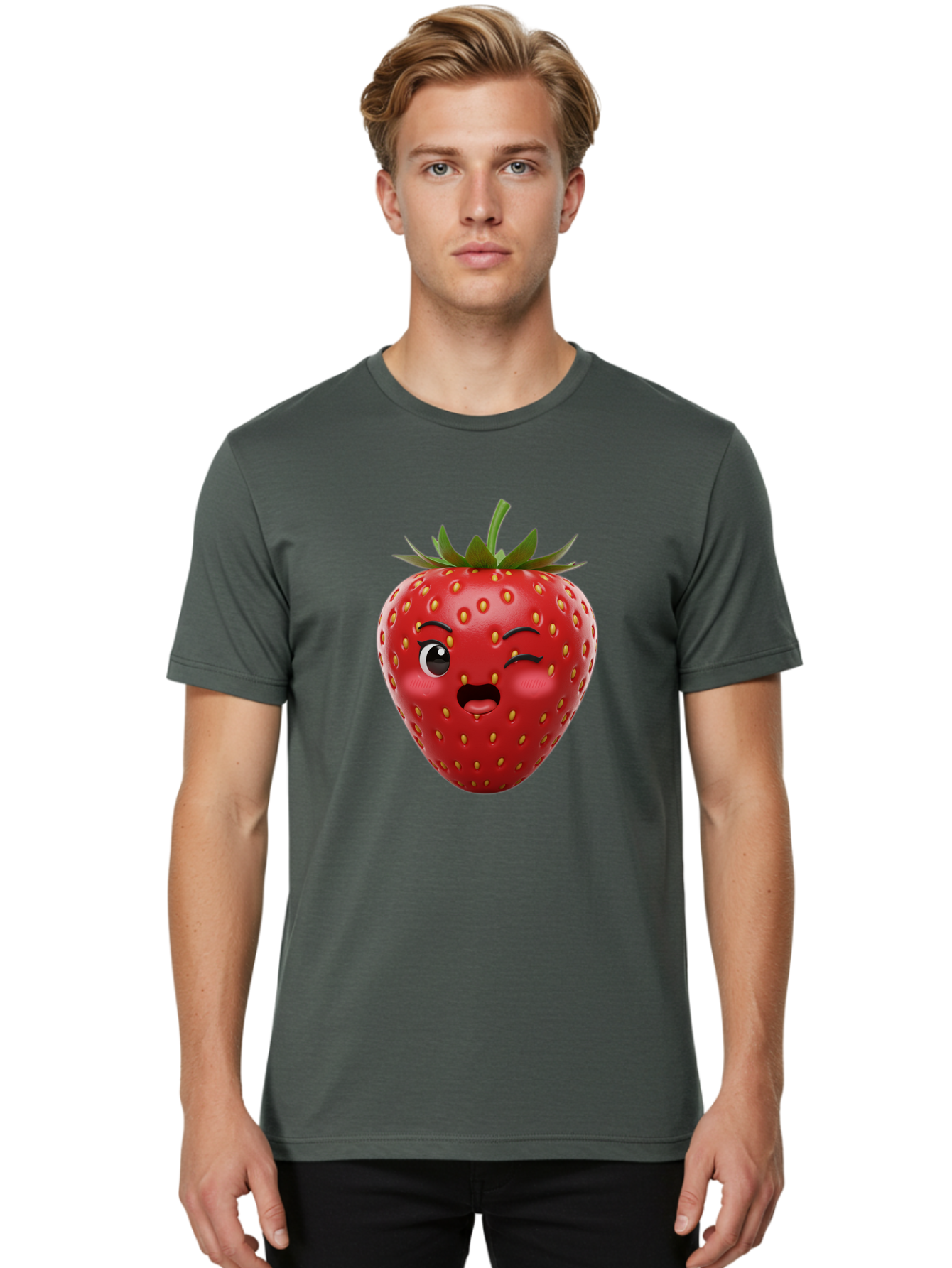 Winking-Strawberry-11 Men'S Graphic Tee, 100% Cotton, Comfortable Casual Summer Wear, Machine Washable, Cartoon Strawberry, Winking Face, Playful Expression, Comical Character, Vibrant Red, Yellow Seeds, Green Leaves, Funny Emotion, Emoticon Bac556 26